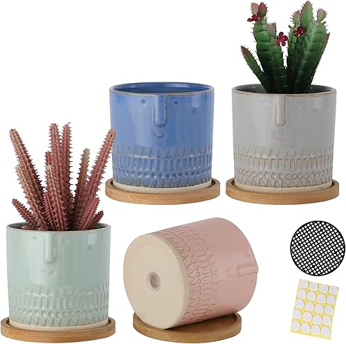 Macetas pequeñas de 4 pulgadas con orificio de drenaje, macetas de cerámica para suculentas con patrón de cara para plantas de interior, cactus,