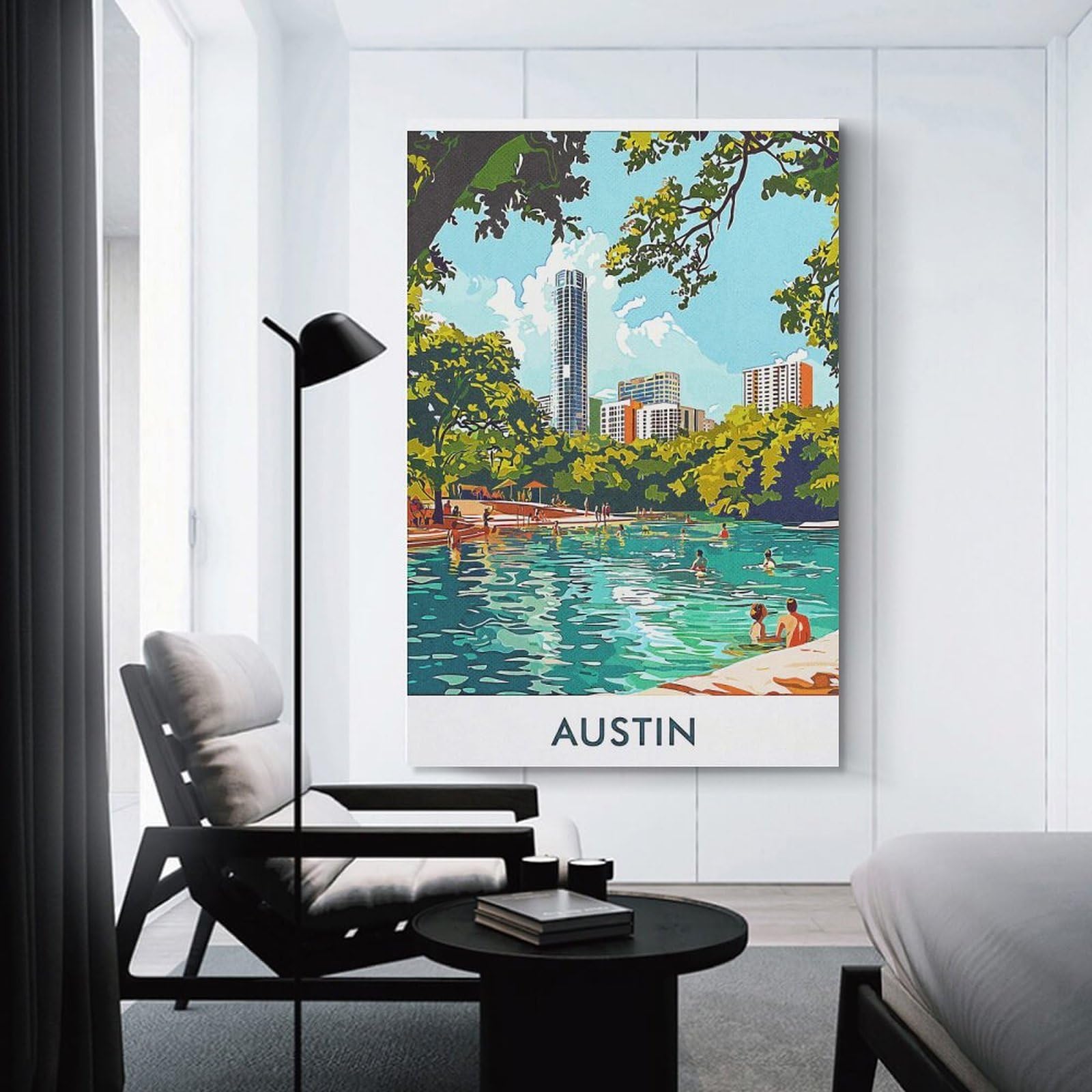 Junmoney Canvas Wall Picture Austin Cityscape with Pool, 20x30inch(50x75cm), for Office, Study Or Home Workspace, Canvas Wall Decor for Creative Rooms