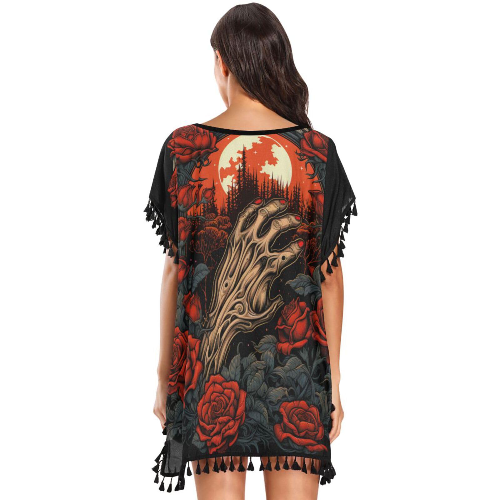 Red Rose Wood Hand Women's Beach Cover Up Chiffon Tassel Swimwear Swimsuit Coverups for Girl