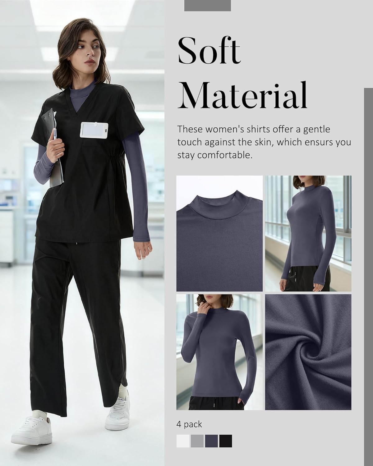4 Pack Women's Long Sleeve Underscrub Shirt Mock Neck Slim Fit Tops Lightweight Thermal Base Layer Scrubs Undershirts - Image 4