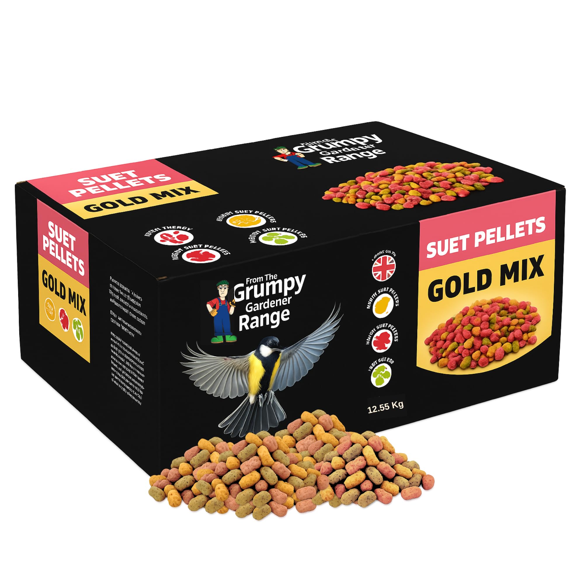 Grumpy Gardener Suet Pellets Wild Bird Food - 12.55Kg Bag of Gold Mix Suet Bird Food - No Mess, No Waste Premium Mixed Bird Feed with Beef Tallow, Peanuts, and Seeds