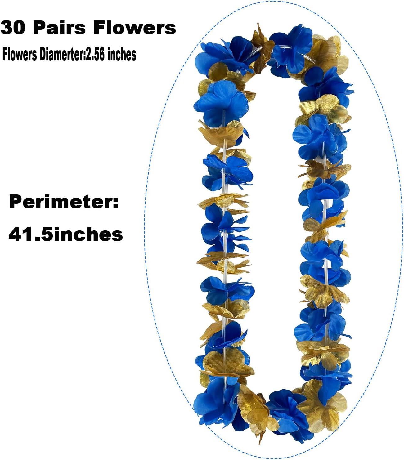 Premimum 48pcs Full Hawaiian leis, 41.5inches for Luau Party Bulk Single Color for St. Patrick’s Day, Easter, Birthday Graduation, Party Decorations & Photo Booth Props (48pcs Blue Gold Leis)
