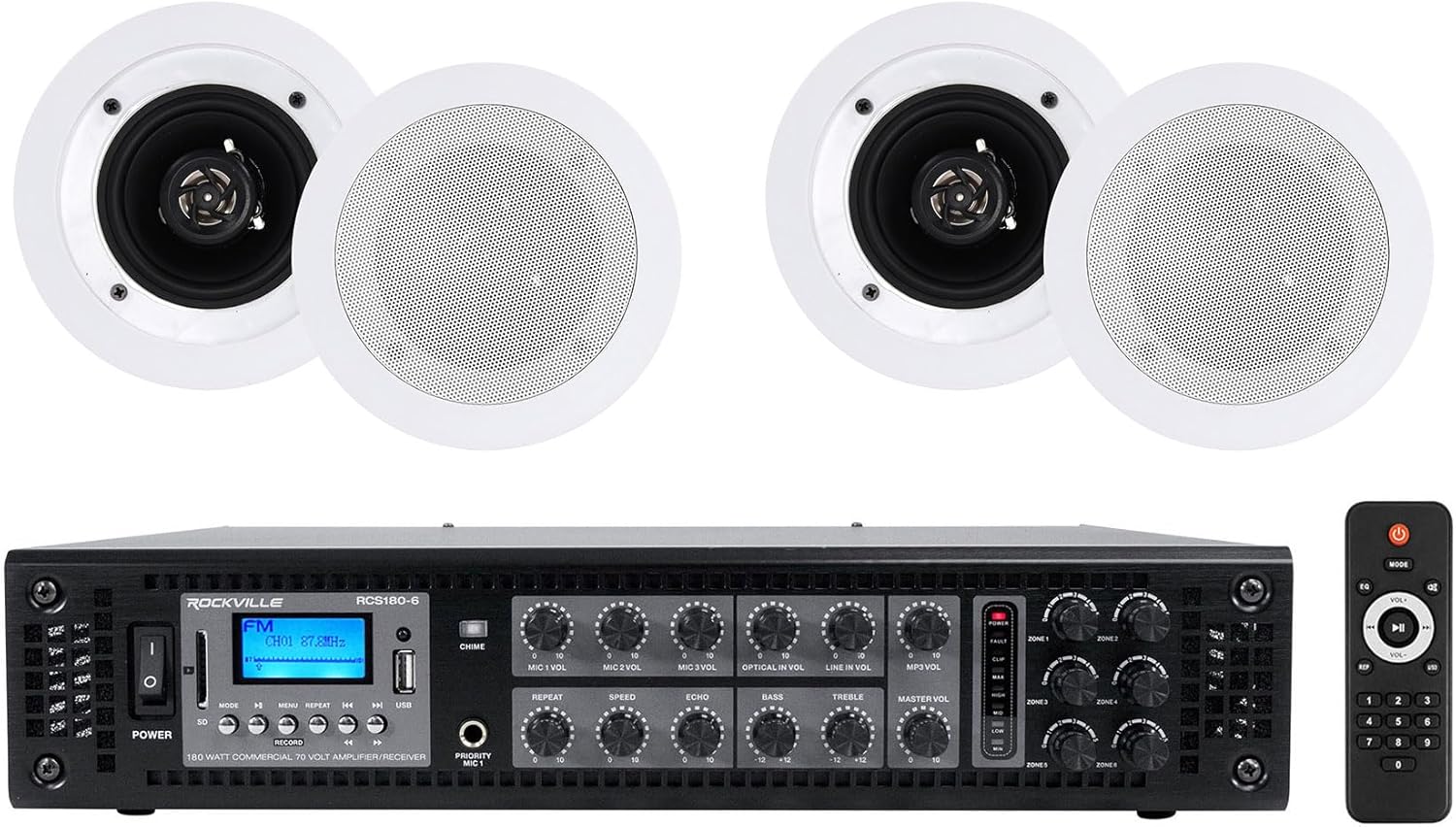 Rockville Bundle: RCS180-6 180W 6-Zone 70V Commercial/Restaurant Amplifier Bundle with (2) Pairs of CC4T White 4" 70V Ceiling Speakers (3 Items)