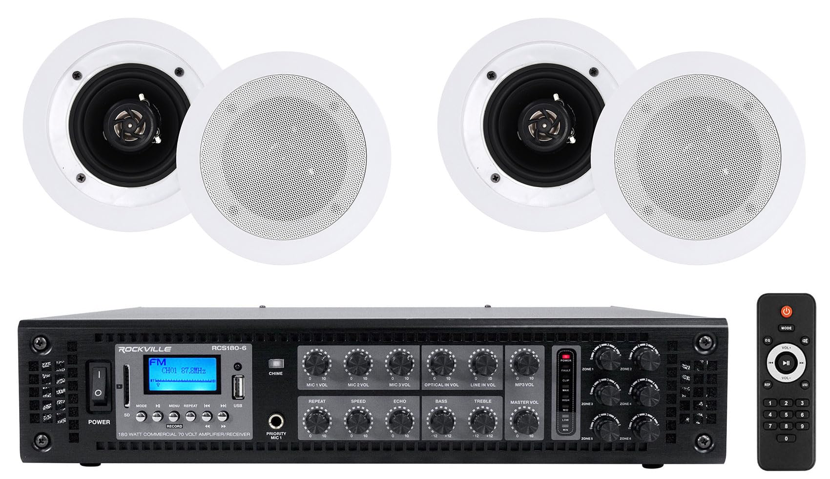 Rockville Bundle: RCS180-6 180W 6-Zone 70V Commercial/Restaurant Amplifier Bundle with (2) Pairs of CC4T White 4