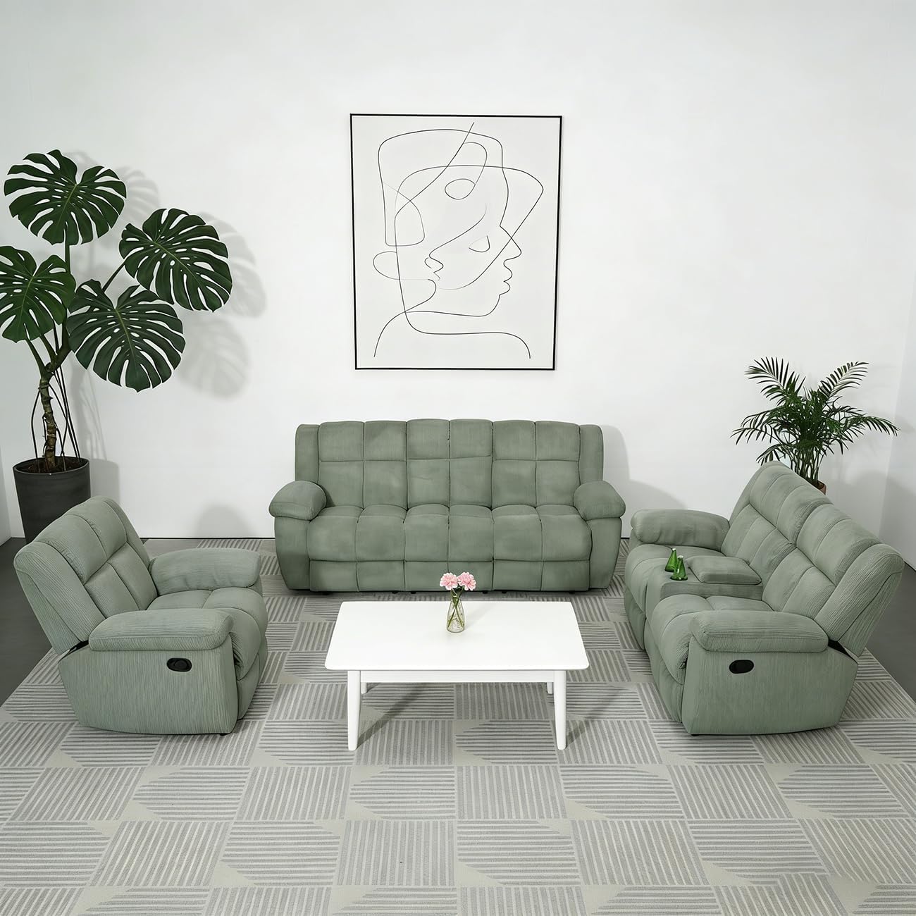 Manual Recliner Sofa Set,Corduroy Reclining Living Room Furniture Set,Convertible Lounge Sofa,Reclining Loveseat with Storage Consoloe,Single Recliner for House/Office(Green Corduroy,3+2+1)