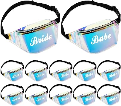 Silkfly 12 Pcs Bachelorette Party Fanny Pack Holographic Clear Fanny Pack Set Bridesmaid Gifts Bride Babe Fanny Bags with Adjustable Belt Laser Waist Bag for Bridal Shower Wedding Party Favors