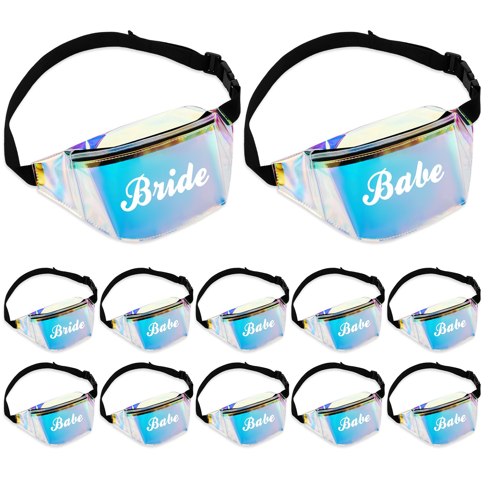 Silkfly 12 Pcs Bachelorette Party Fanny Pack Holographic Clear Fanny Pack Set Bridesmaid Gifts Bride Babe Fanny Bags with Adjustable Belt Laser Waist