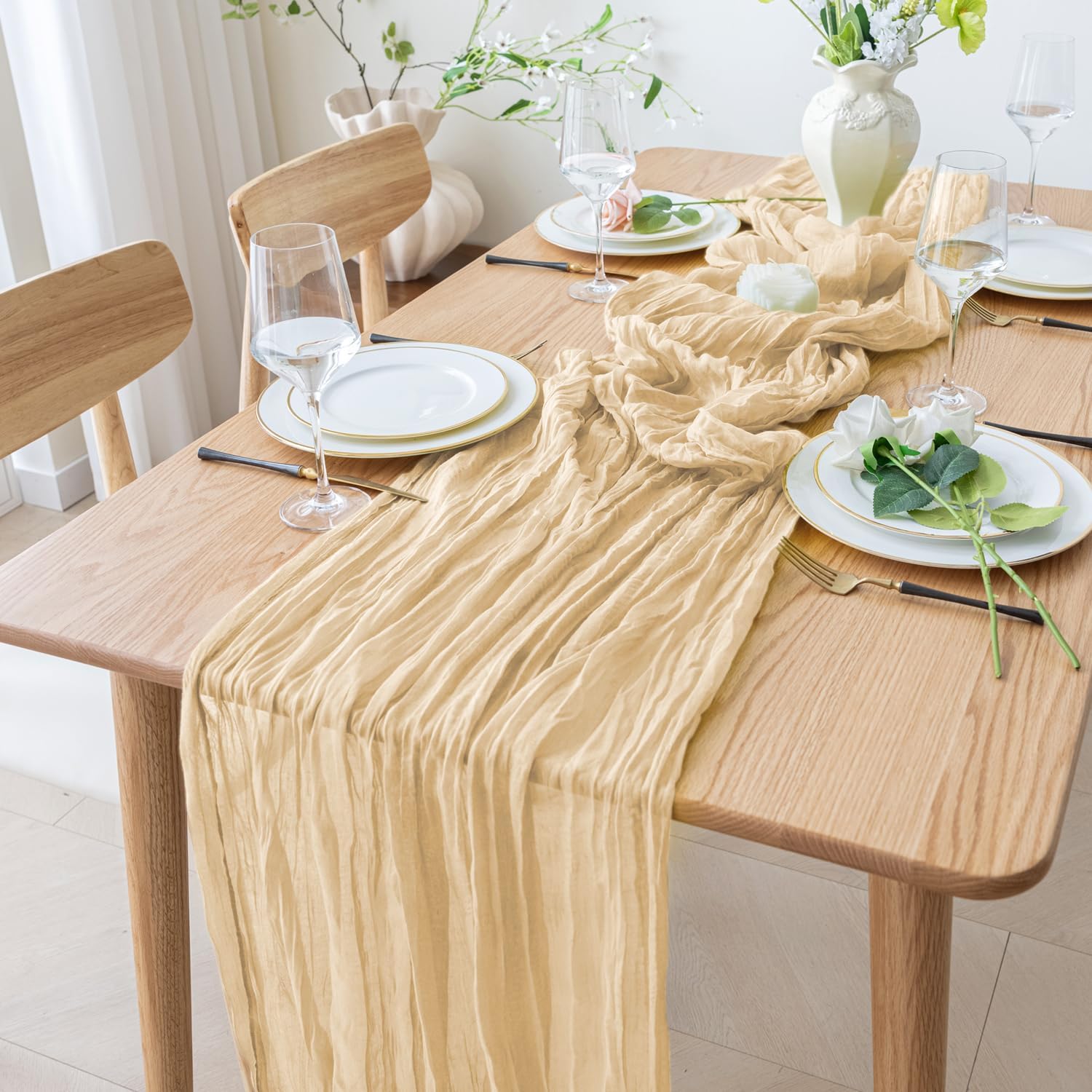 6PCS Table Runner Cheesecloth 10FT Sand Boho Gauze Cheese Cloth Rustic Sheer Table Runners for Wedding Bridal Baby Shower Party Decoration