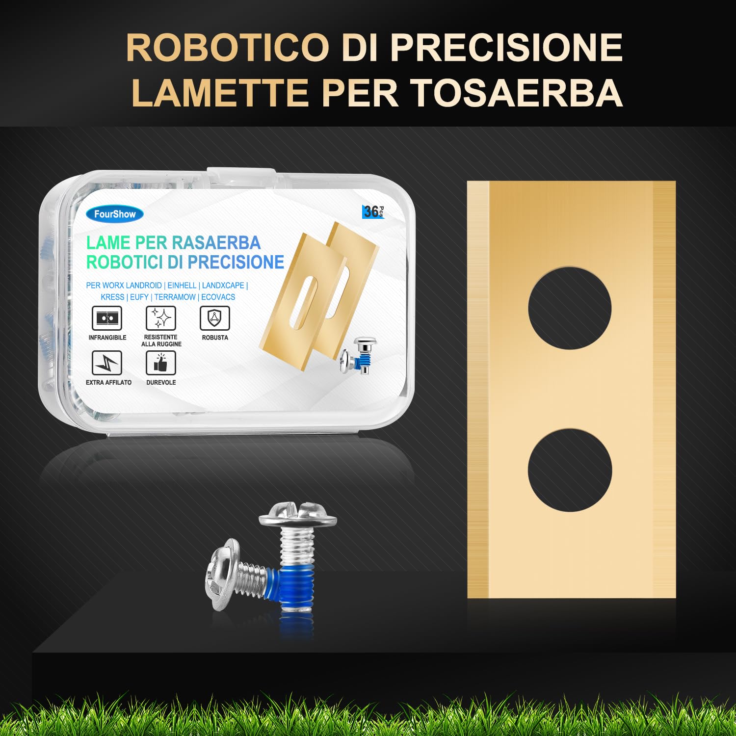 Set di 36 lame compatibili con TUTTI i robot rasaerba Worx Landroid, LandXcape, Einhell, Eufy, TerraMow, ECOVACS, coltelli di ricambio durevoli in titanio, comprese viti con rivestimento di sicurezza