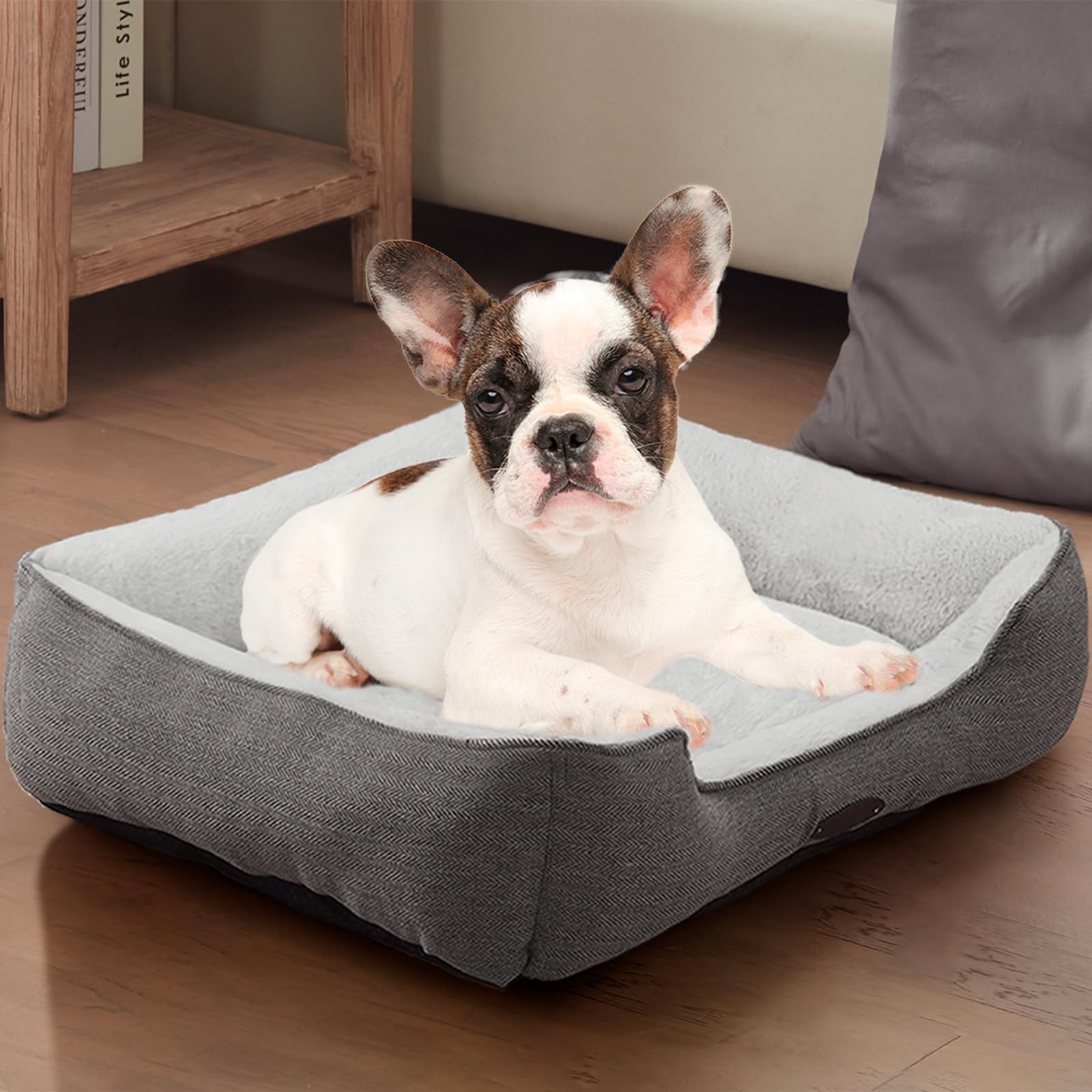 Dog Bed for Small Dogs Breeds, Rectangular Soft Kennel Bed,Washable Deluxe Plush Dog Crate Beds, Comfy Durable Pet Sleeping Bed with Pillow & Non-Slip Bottom, Size (24"X21" Gray)