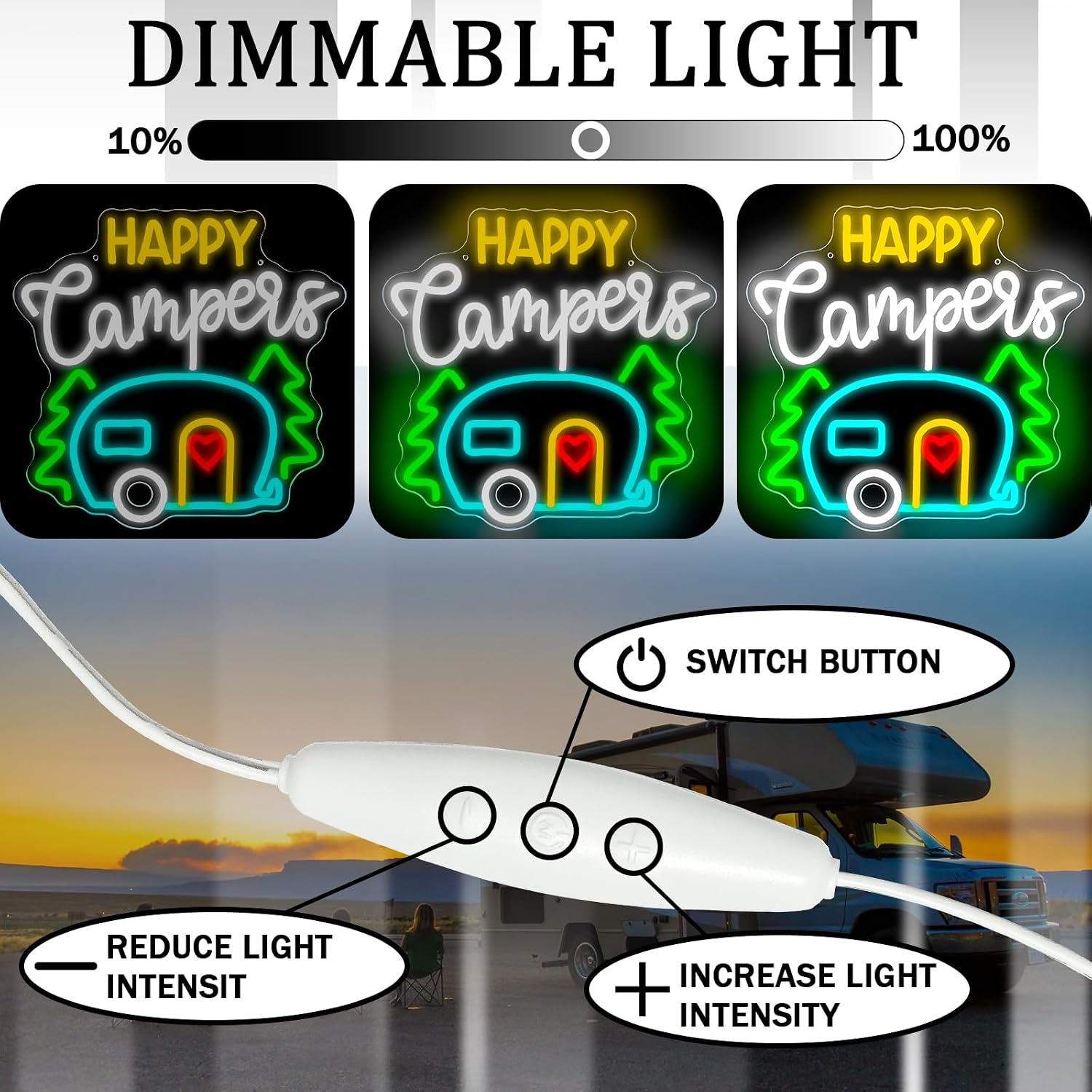 Happy Camper Neon Sign Camping Neon Sign For Wall Decor Dimmable Bus Camper LED Light For Touring Car Gifts Campsite Decorations Inside Camper Backdrop