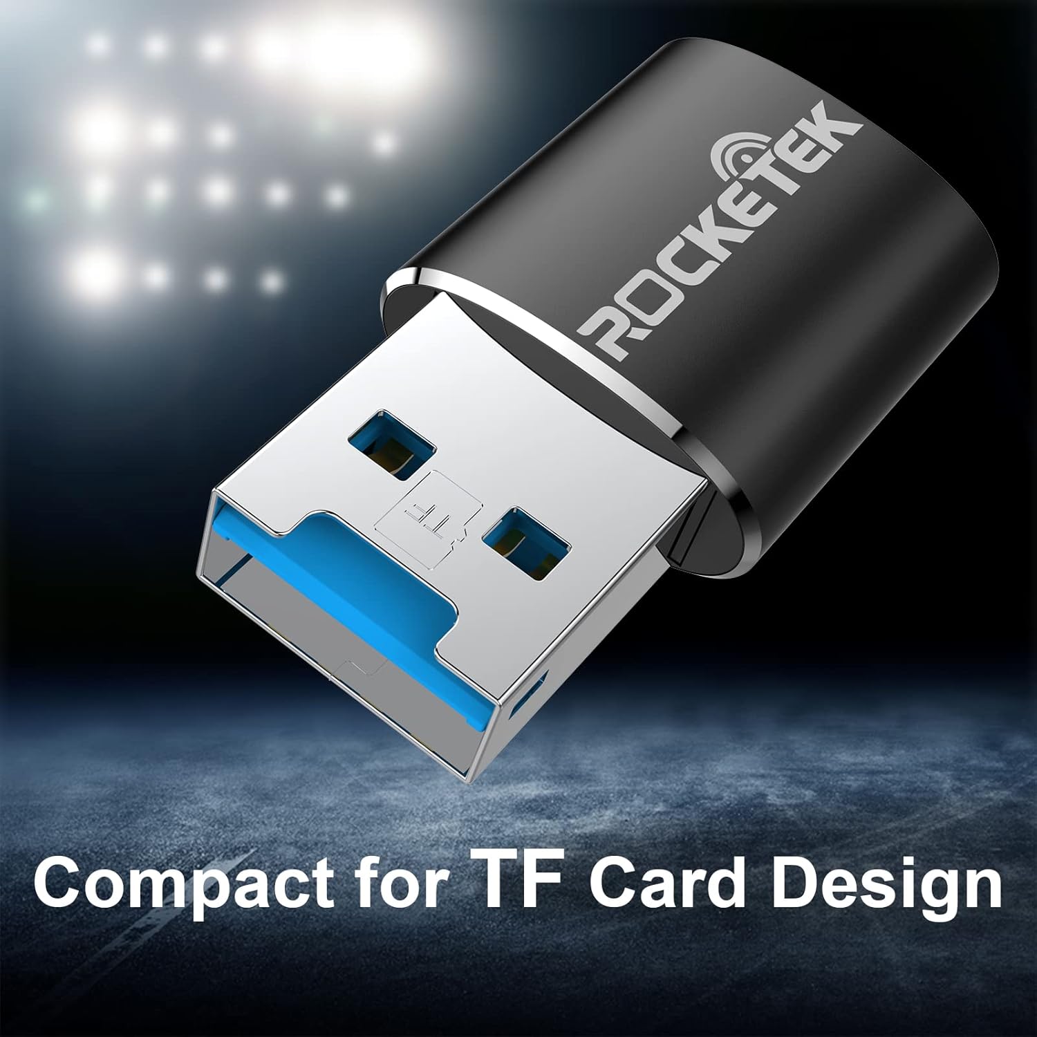 Rocketek TFU3R USB 3.0 card reader plugged into a laptop's USB port, displaying 'Plug & Play'.