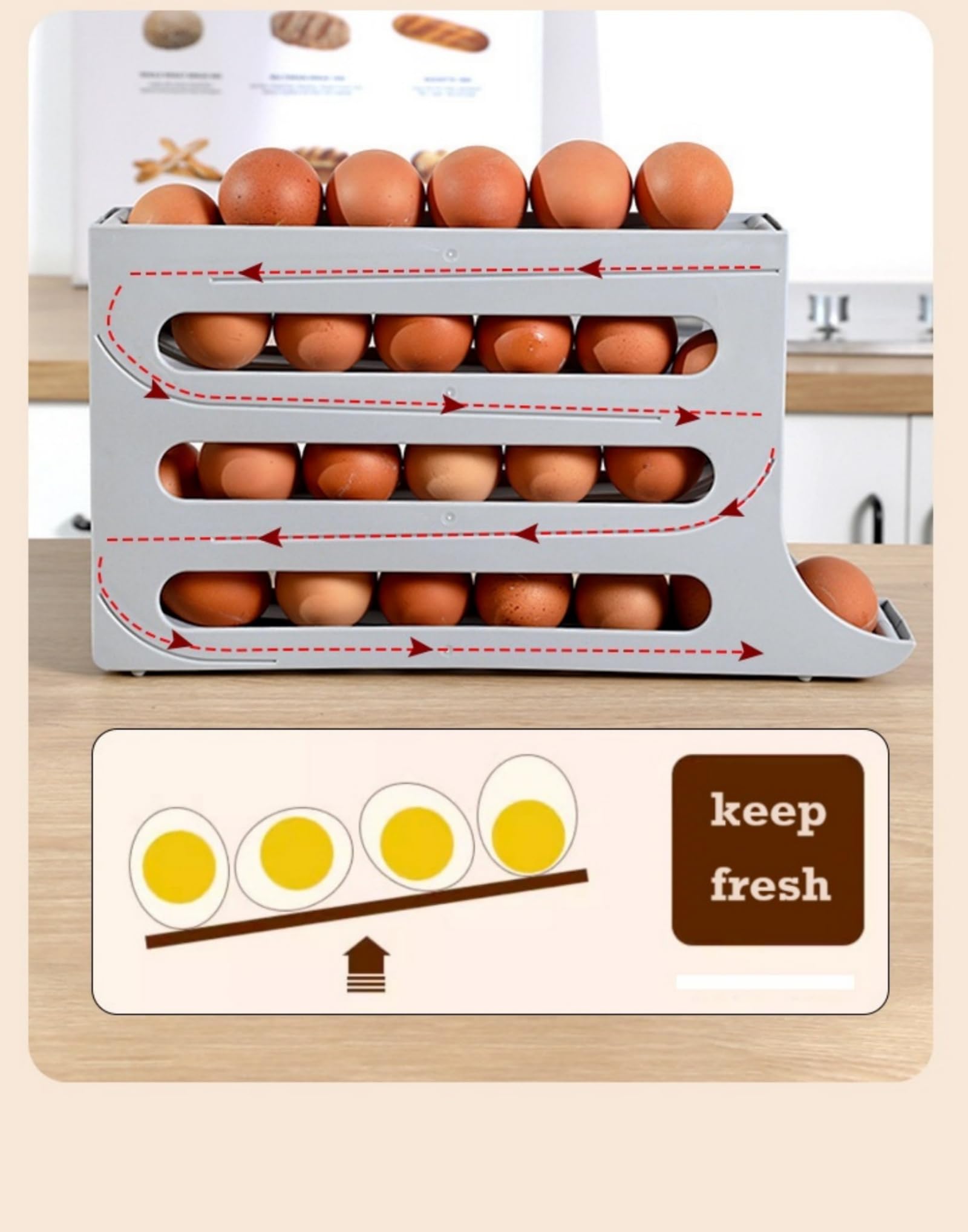 Soporte para 30 huevos para refrigerador, contenedor de huevos de 4 niveles, organizador de huevos con ruedas automáticas para refrigerador, soporte dispensador de huevos que ahorra espacio, estante 6