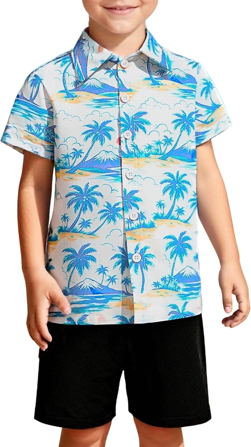 IDOPIP Toddler Baby Boy Summer Hawaiian Outfit 2 Piece Print Shirt with Shorts Set Matching Outfit for Beach Vacation 1-5T