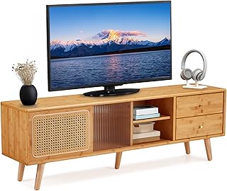 Rattan Boho TV Stand for TVs up to 65 inch, Entertainment Center with Ra...