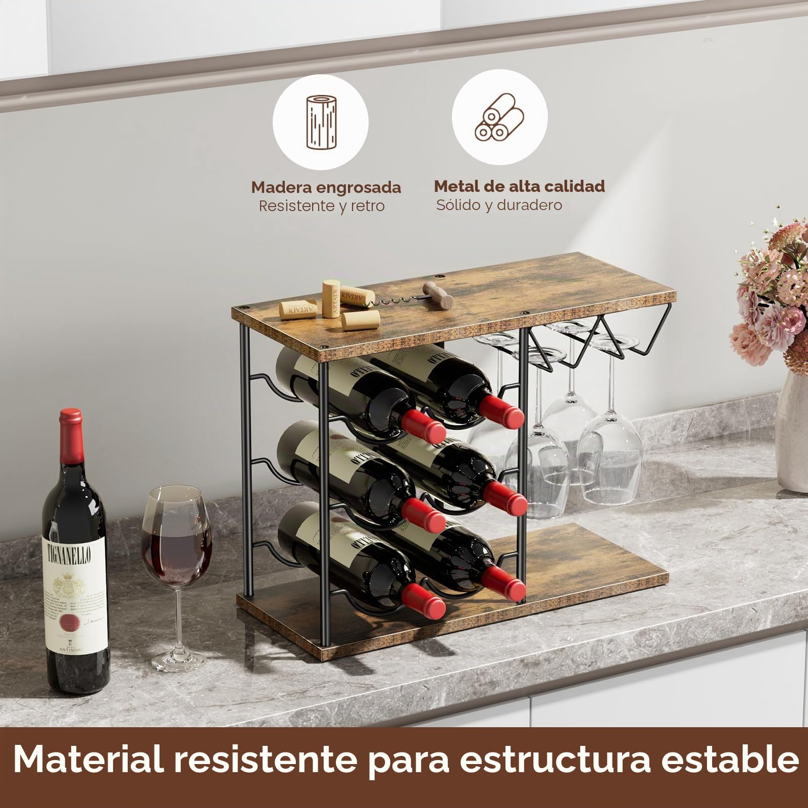 Nuovoware Estantes de Vino para Encimera, Porta Botellas de 6 y 4 Copas, Organizador Metálico de Madera