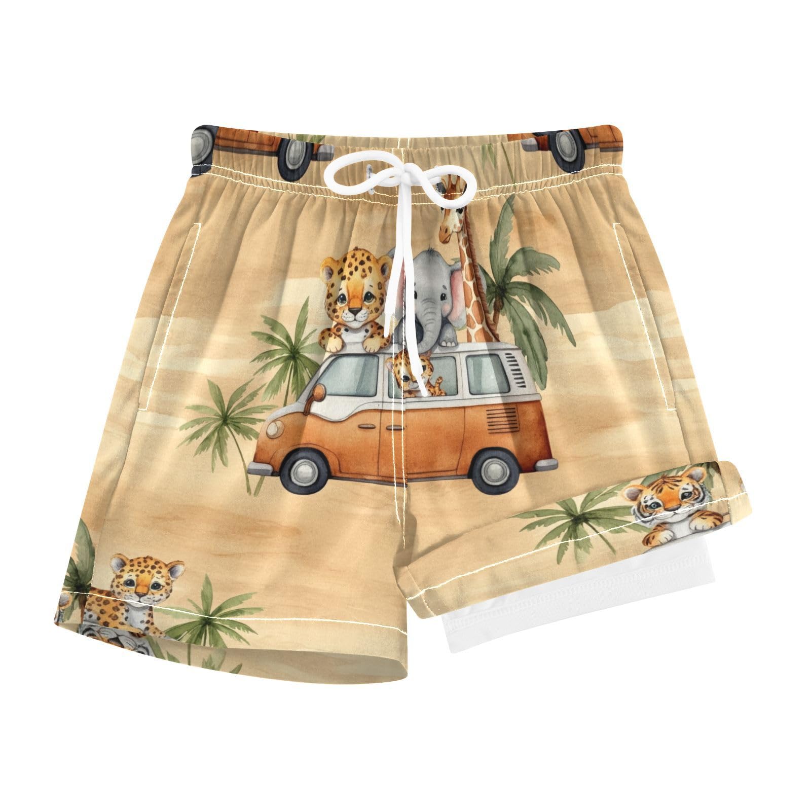 YANENDIE Boy Swim Trunks with Compression Liner Animals in The Car Boys Swim Shorts Quick Dry Beach Shorts