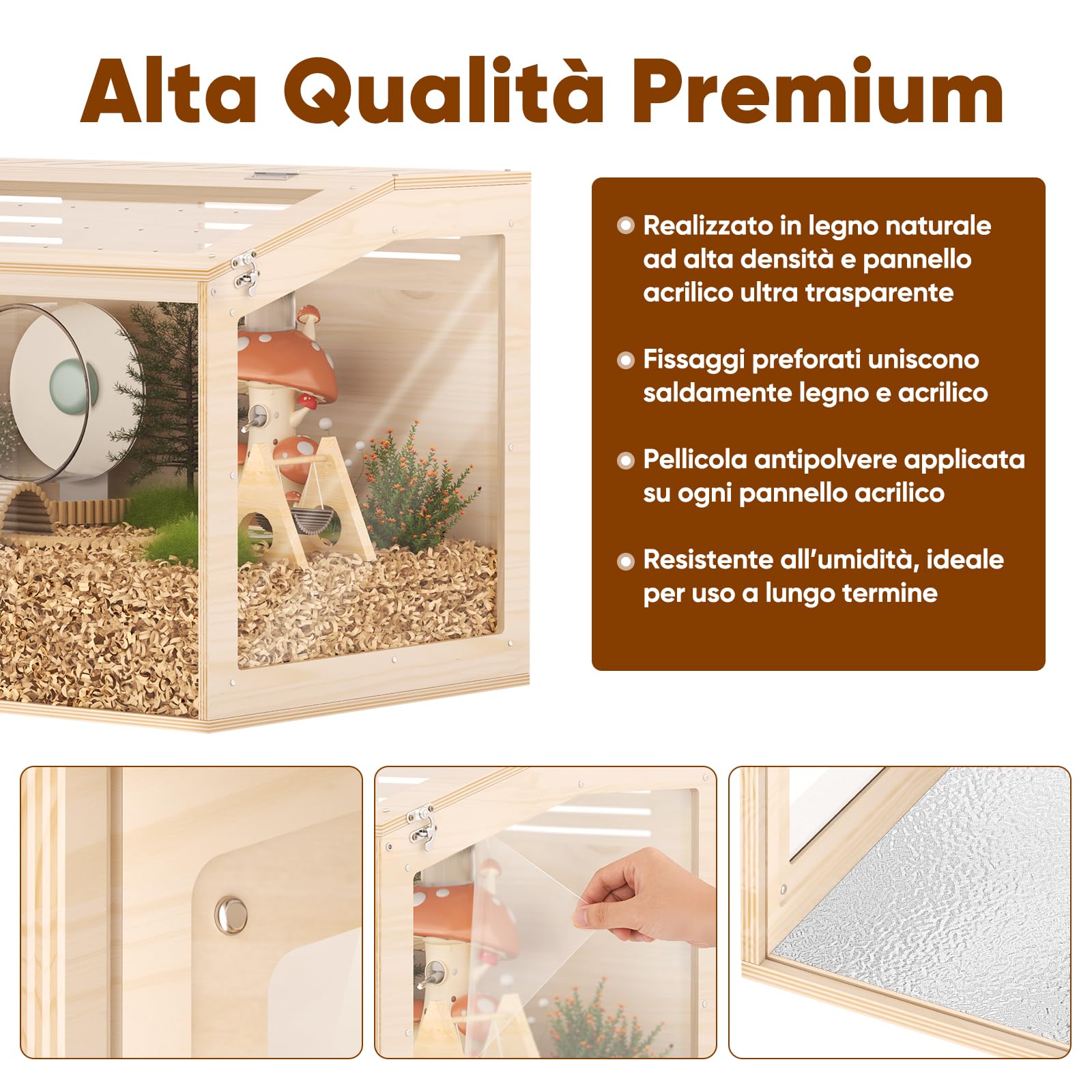 X XBEN Gabbia per Criceti in Legno, Tetto Apribile & Ventilazione Multipla | Vivarium Acrilico Spazioso, Cornice Legno Naturale per Criceti Nani, Roditori, Topi,Piccoli Animali 80L×40W×40H cm (0,128 m³)
