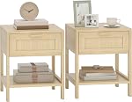HOMCOM Nightstand with Rattan Elements, Farmhouse Bedside Table with Drawer and Storage Shelf for Bedroom, Set of 2, Natural Wood