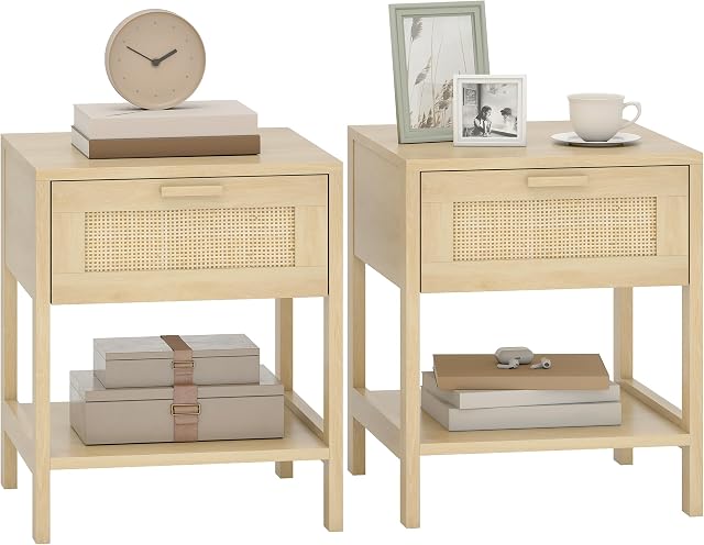 HOMCOM Nightstand with Rattan Elements, Farmhouse Bedside Table with Drawer and Storage Shelf for Bedroom, Set of 2, Natural Wood