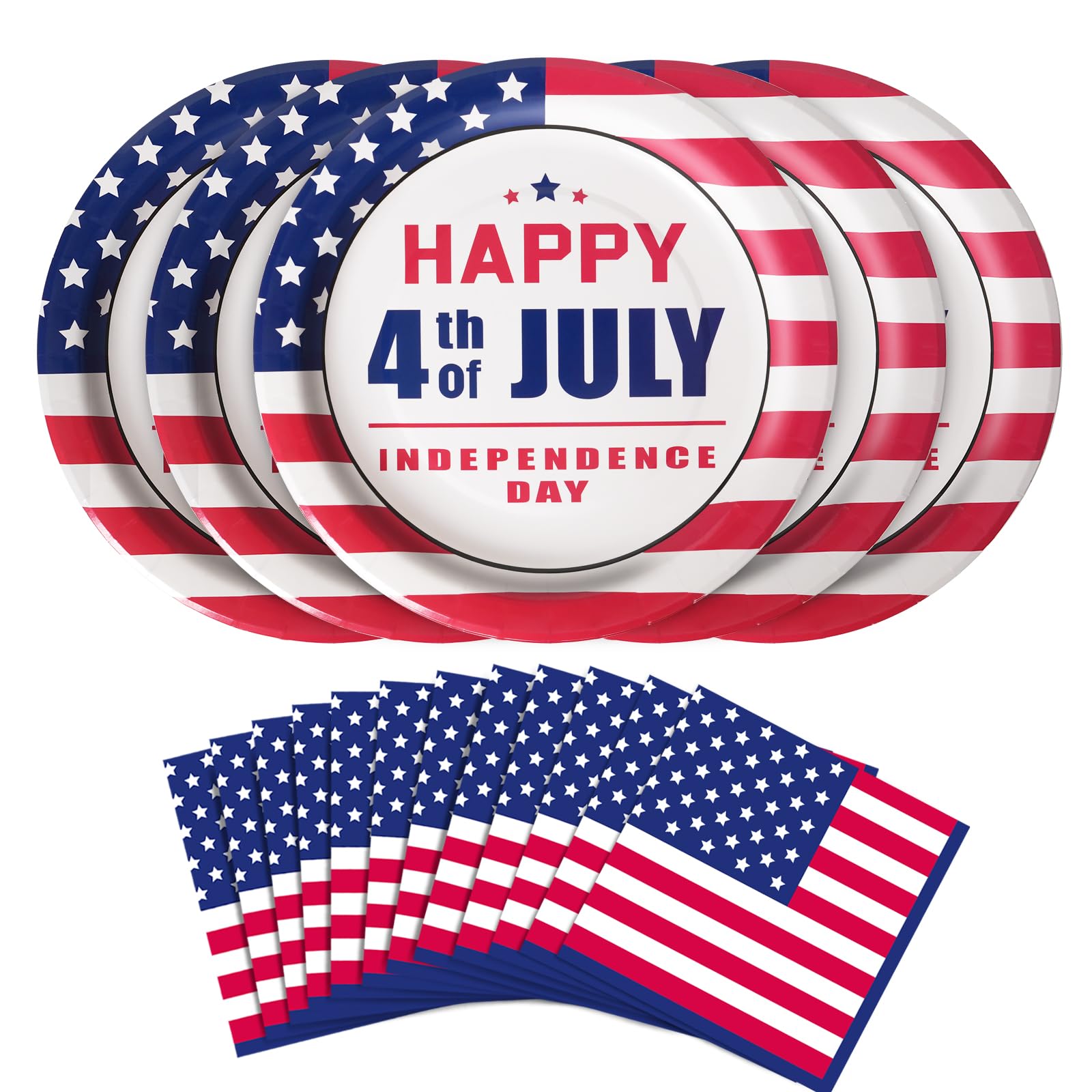 Dereinwo 50Pcs Patriotic Paper Plates and Napkins Party Red Blue and White Plates for 4th of July Independence Day Party Supplies