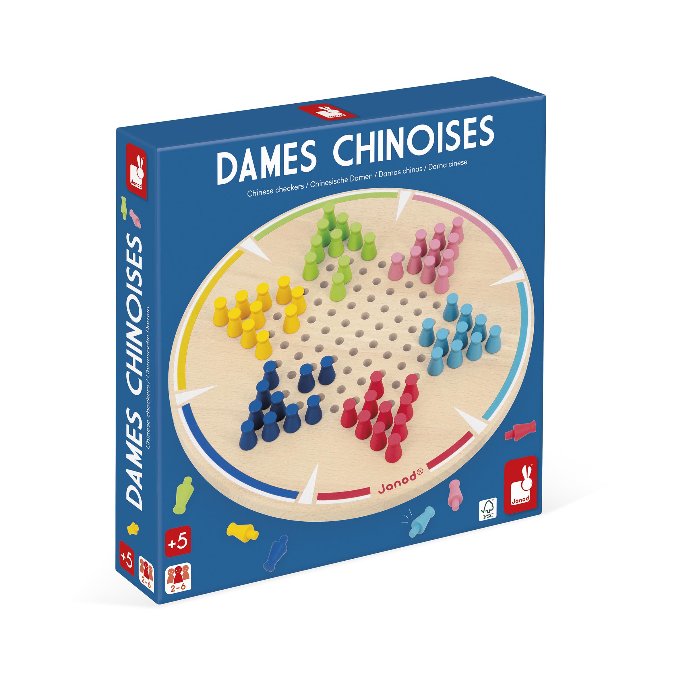 Janod - Mes Premières Dames Chinoises - 1 Plateau en Bois + 60 Pions Colorés - 2 à 6 Joueurs - Jeu de Société Classique pour Enfant Dès 5 Ans
