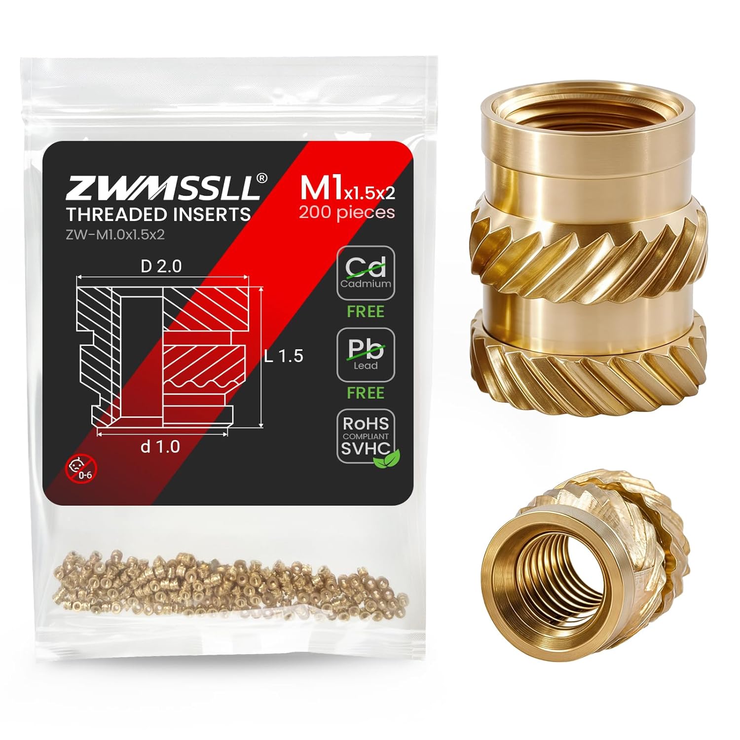 M1 Heat-Set Threaded Inserts, M1.0x1.5x2mm(200Pieces) Heat Set Insert for 3D Printing Components and Plastic Parts,Brass Metric Knurled Nuts