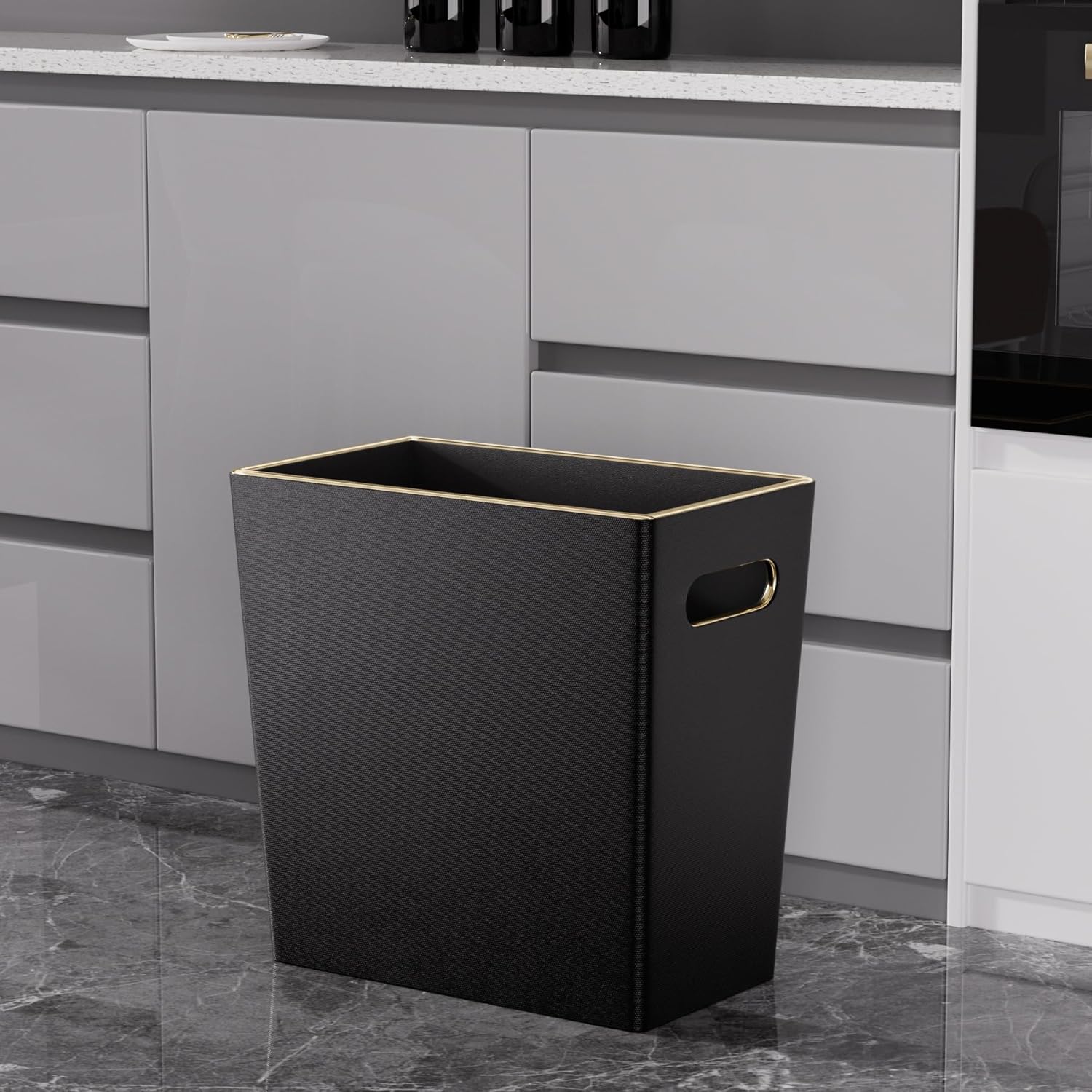 Black 3 Gallon Waste Basket 4 Gallon Trash Can, Office Wastebasket with Gold-Tone Edging Decoration for Bathroom,Pu Leather Waste Bins for Toilet Bedroom Living Room, Office Home Modern Decor