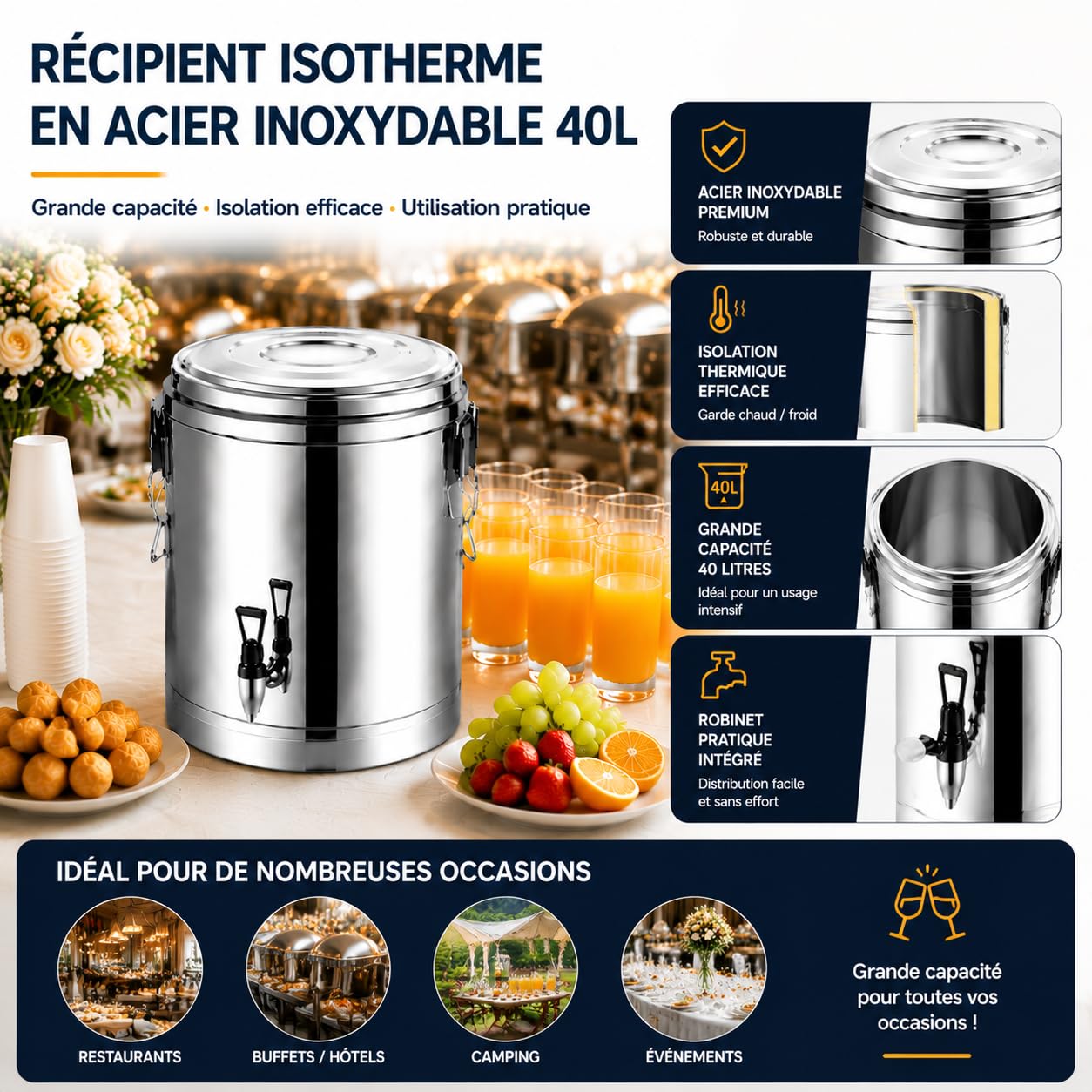 Contenitore termico per acqua in acciaio inox, 40 l, con rubinetto, in acciaio inox 201, isolamento da 18,5 mm, superficie lucidata, ideale per zuppe, stufati, tè e bevande calde