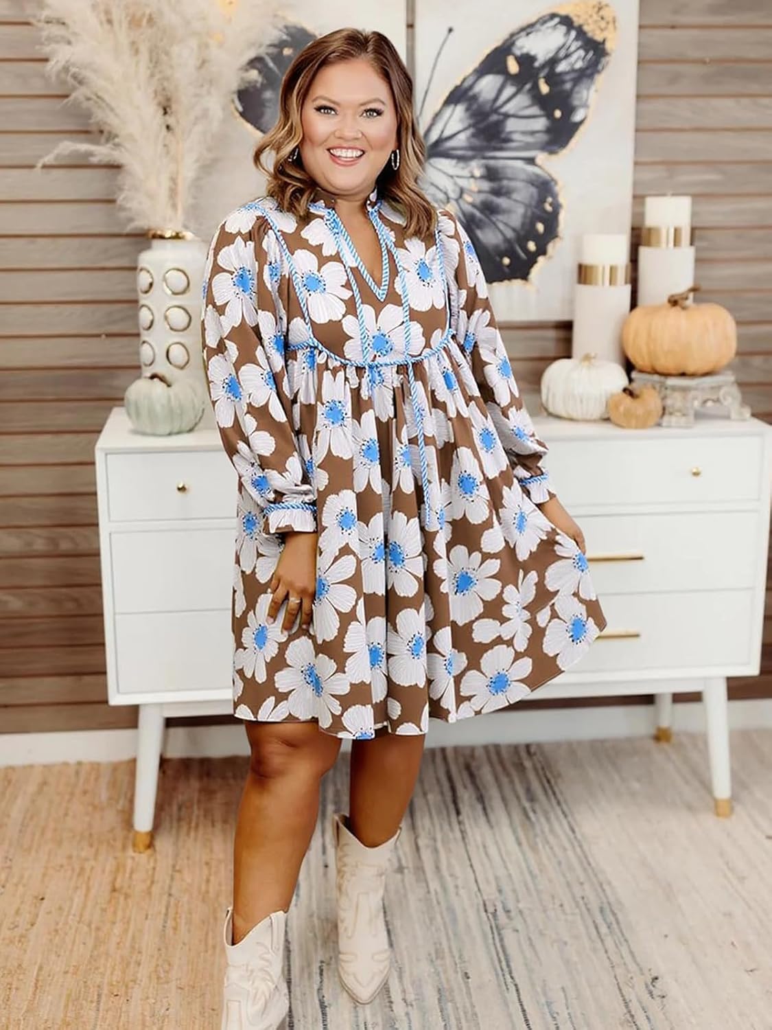 Cicy Bell Womens Floral Mini Dresses 3/4 Balloon Sleeve V Neck Flowy Babydoll Dress Summer Beach Vacation Boho Outfits - Image 4