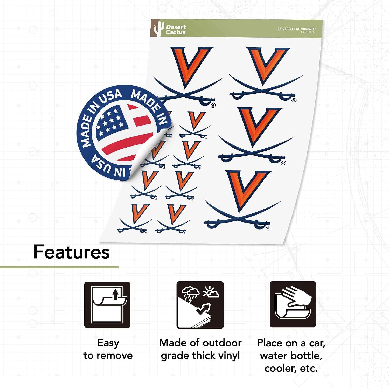 Desert Cactus University of Virginia Sticker Cavaliers UVA Wahoos Vinyl Decals Laptop Water Bottle Car Scrapbook T3 (Type 3-1)