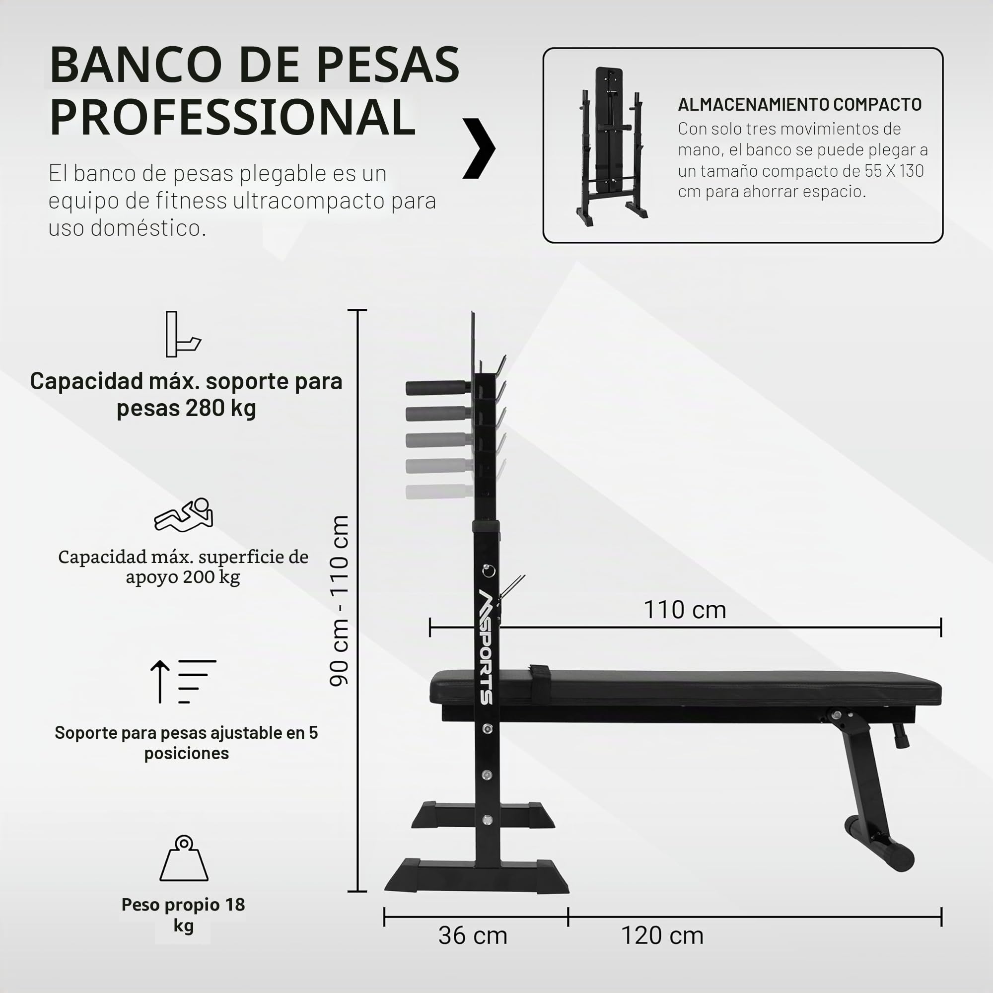 Banco de pesas profesional multifuncional plegable para barras con mancuernas de hasta 200 kg, Mancuernas