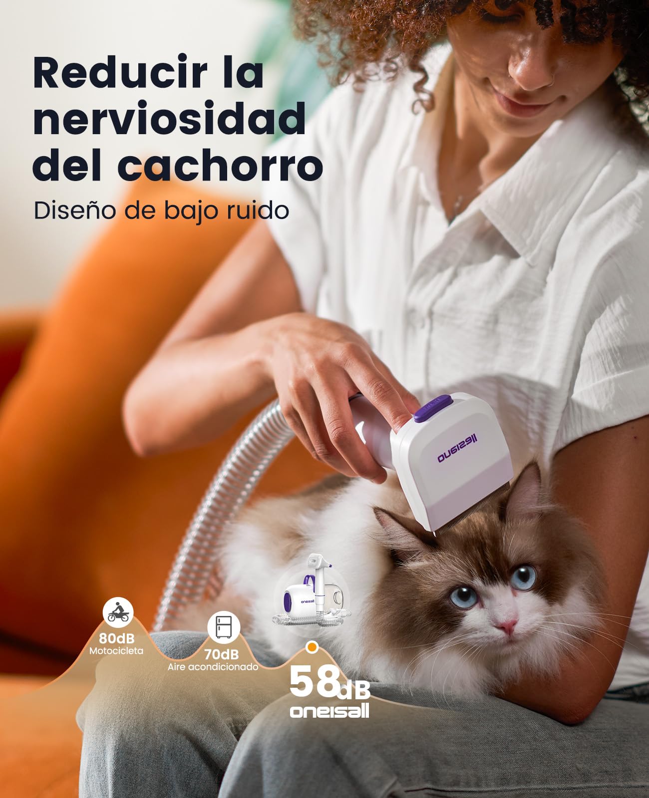 oneisall Aspira peli Cane &Gatto domésticocon Cepillo, Súper Poder de succión con 12000pa, Aspiradora para pelos de Perro con un botón, Aspiradora pelos Mascotas con 4 Cepillos