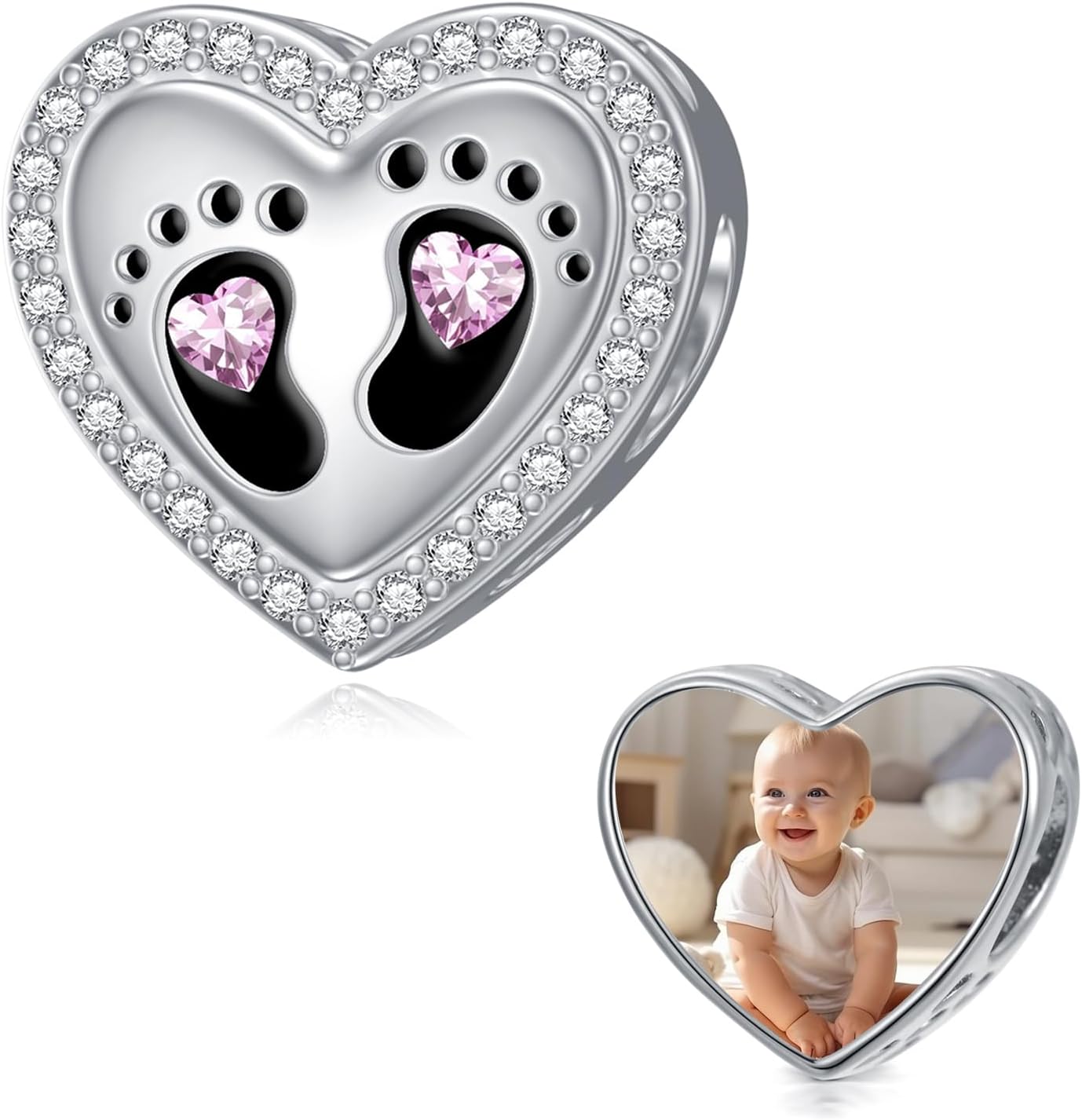 LONAGO Mom/Daughter/Sister/Grandma/Dad/Wife/Friend/Auntie Charm Personalized Photo Picture Charm Heart Bead Sterling Silver Fit Snake Bracelet Customized Image Jewelry Mother's Day Gift