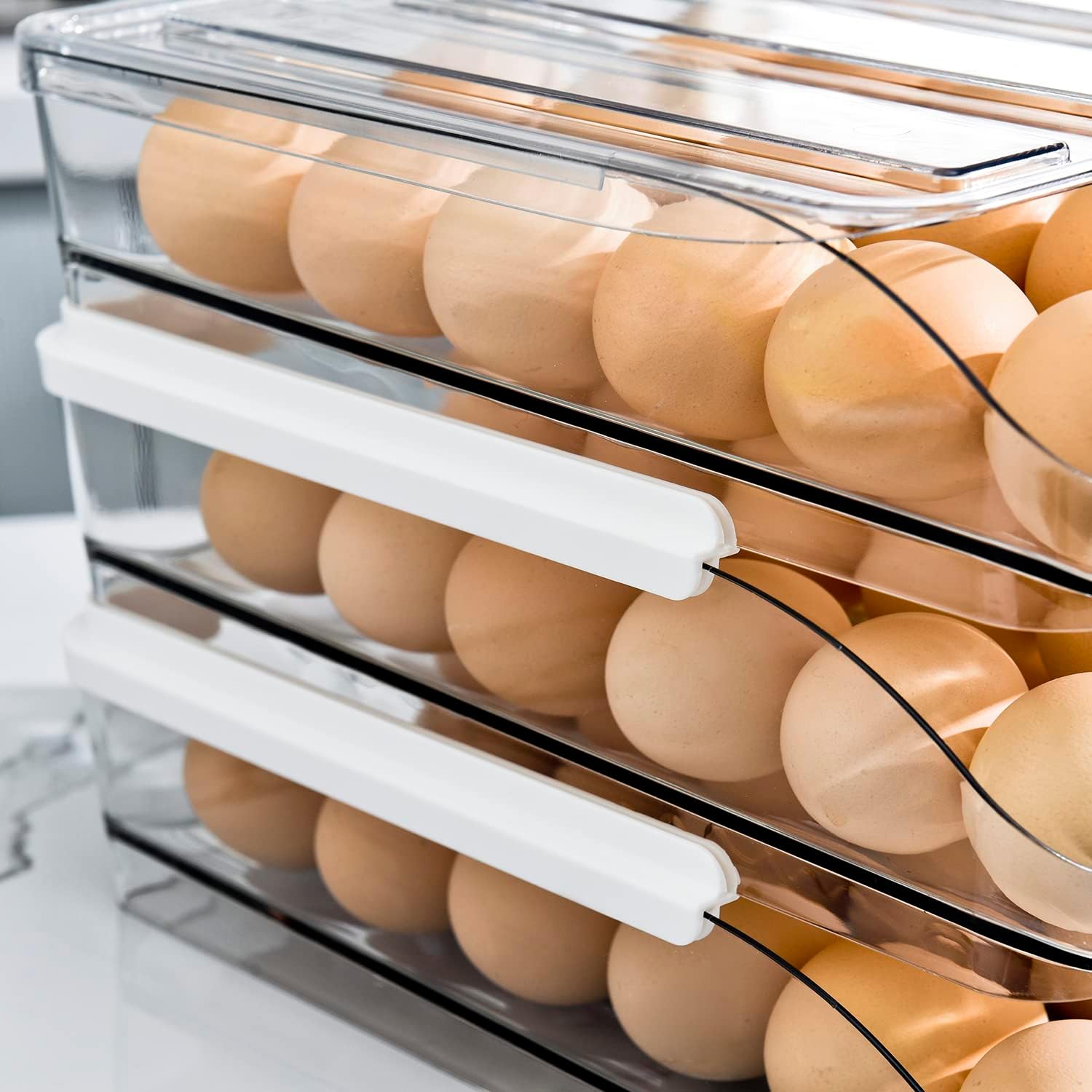 Sooyee 3 Layer Ramp Type Auto Rolling Egg Holder Storage Container for Refrigerator Organizer,Large Egg Container Bin,Clear