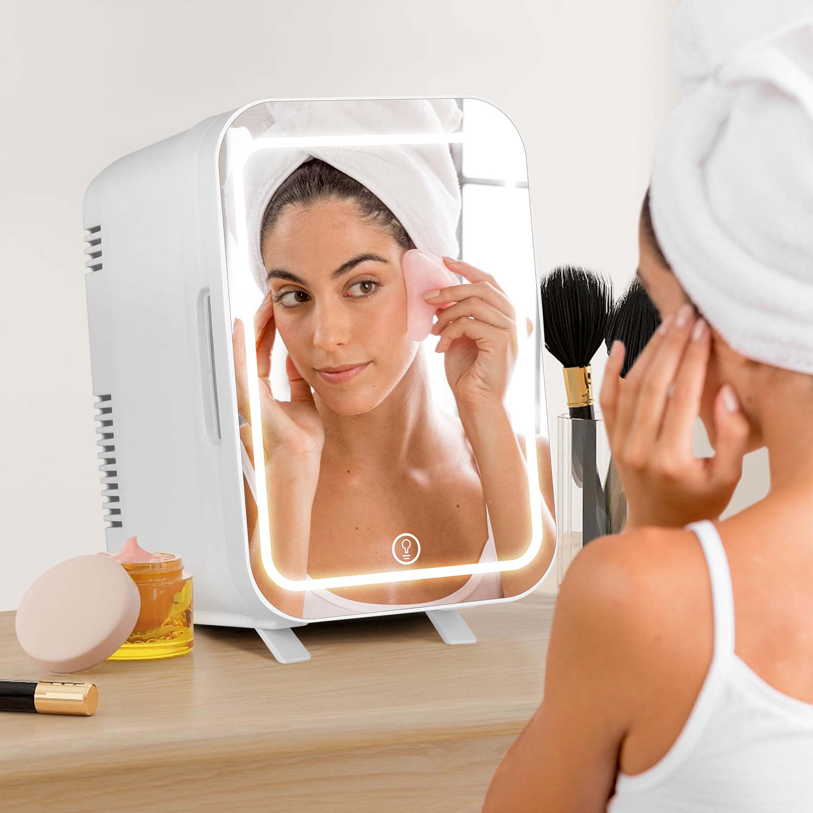eklipt - Mini Fridge with Dimmable LED Mirror (4 Liter/6 Can), AC/DC Portable Beauty Fridge, for Refrigerating Makeup, Skincare and Food, Bedroom, Office and Car, White — view 5