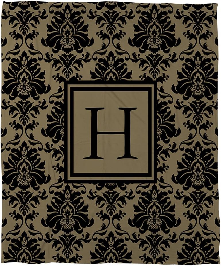 Manual Woodworkers & Weavers Coral Fleece Throw, 60 by 80-Inch, Monogrammed Letter H, Black and Gold Damask