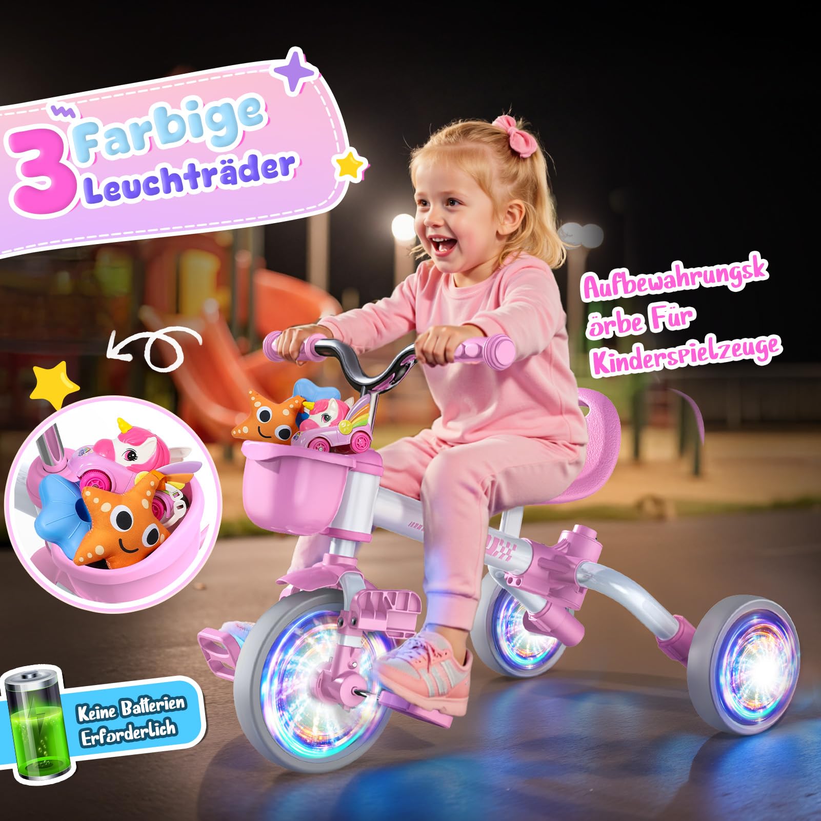 HappyGoLucky 5 in 1 Dreirad Mit Schubstange, Laufrad Ab 1-5 Jahre-Leuchtende Räder/Verstellbare Pedale&sitze, Spielzeug Geschenk Ab 1-5 Jahre Mädchen Ostern Kinderspielzeug Outdoor Spiele Spielzeug