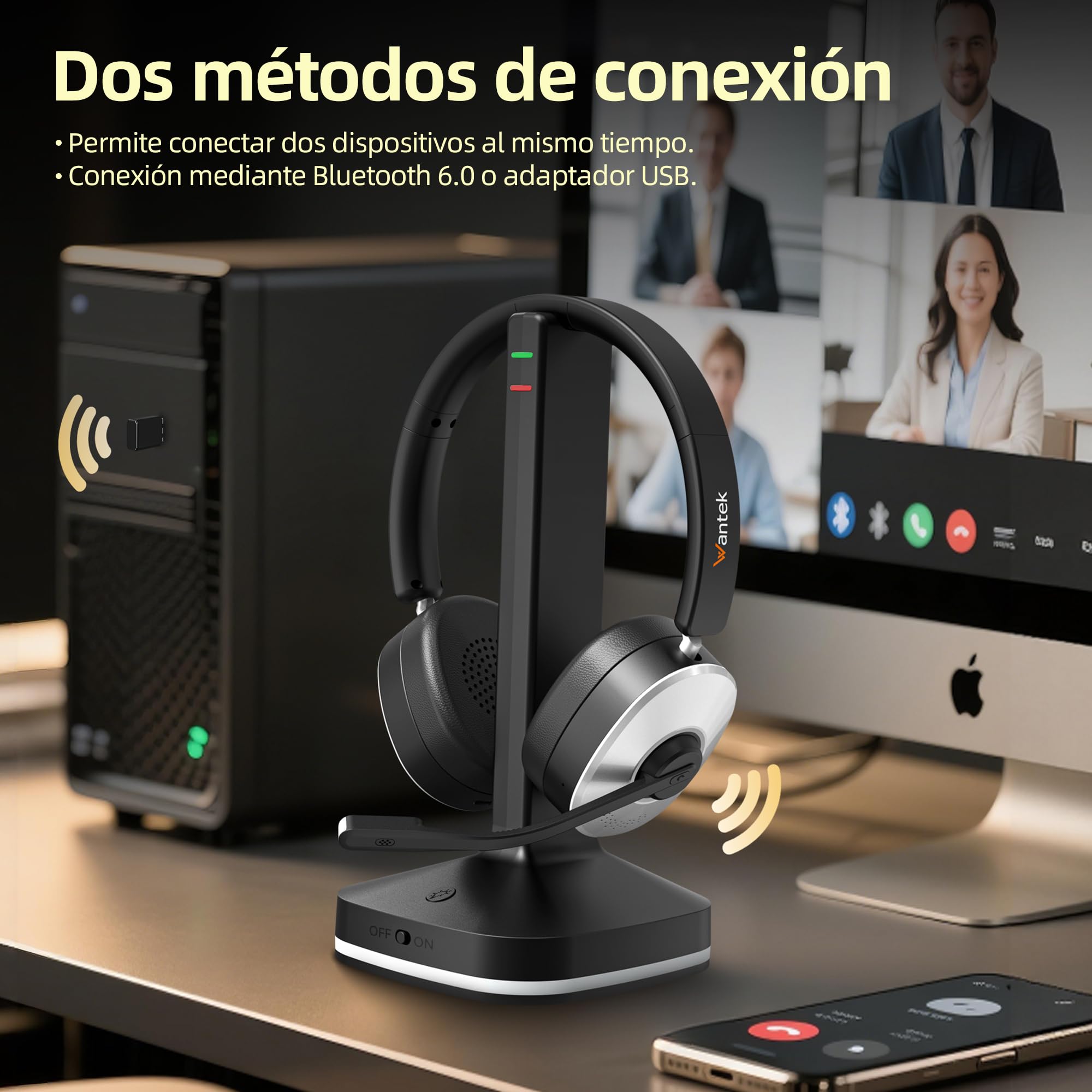 Wantek Auriculares inalámbricos Bluetooth con micrófono, estación de Carga, Dongle USB para PC Oficina Zoom Skype Laptop Centro de Llamadas