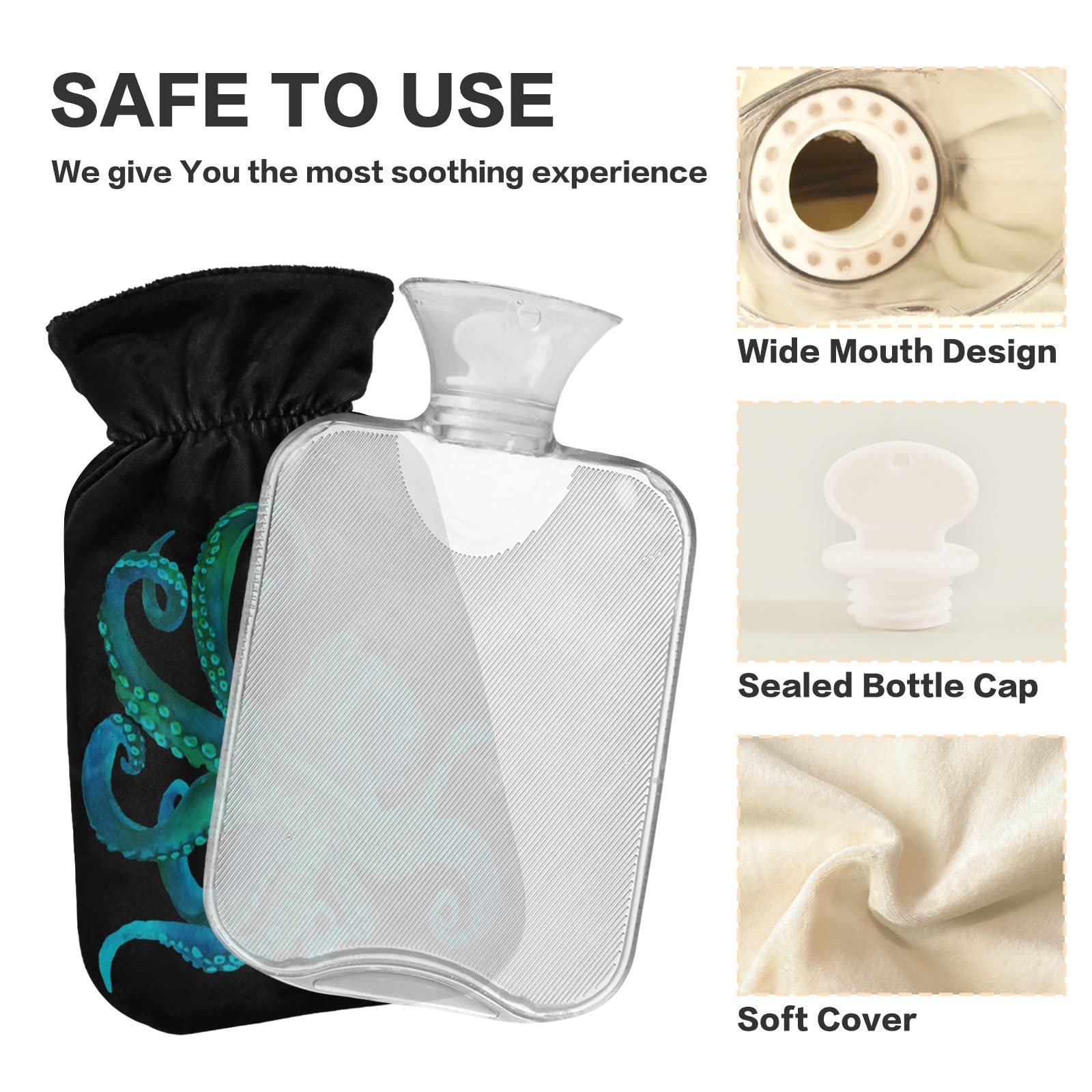 Naanle Watercolor Octopus Hot Water Bottle with Cover Transparent Warm Water Bottle 2L Large Hot Water Bag for Bed Hand Feet Warmer Pain Relief Hot and Cold Therapy