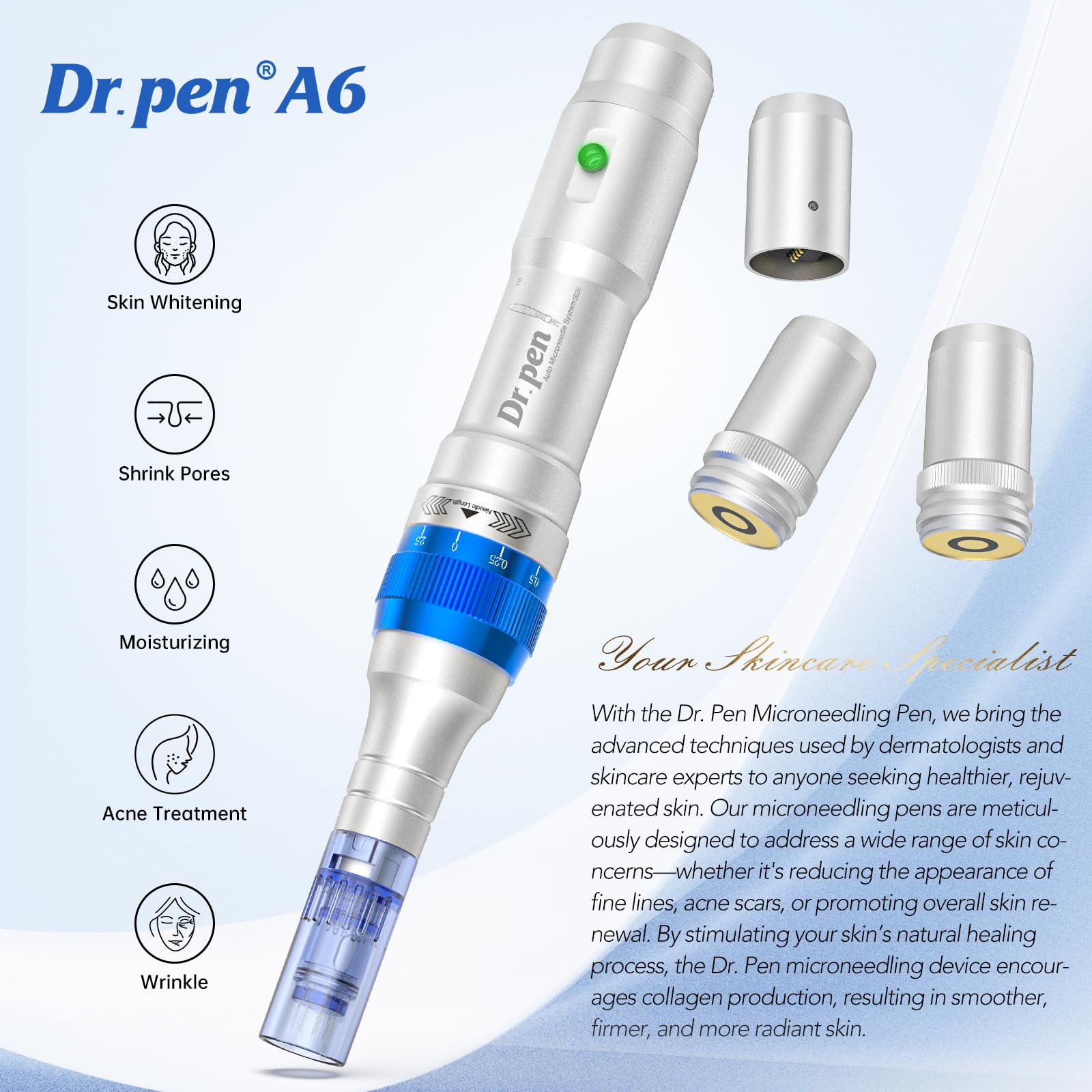 Dr.Pen - Penna per microneedling A6 per viso e corpo, Derma Pen per siero cicatrici a 5 velocità di profondità, regolabile, con 2 batterie di riserva e 10 cartucce, con cavo a 36 pin e spina UK