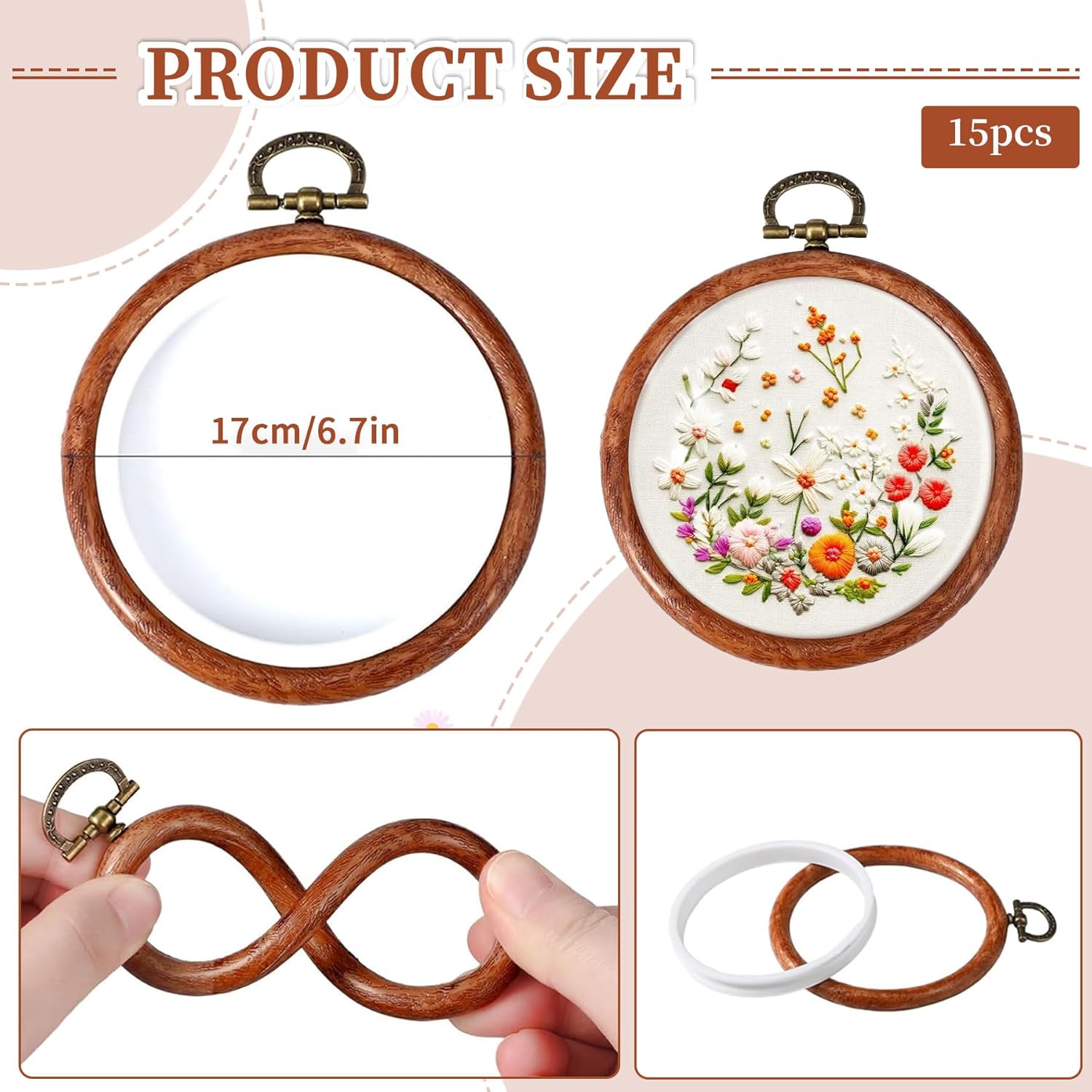 ZESHIHAOGUO 15 Pcs Round Embroidery Hoops - Rubber Ring Imitated Wood Frame Kits for Cross Stitch, DIY Craft, Sewing Projects Hanging Gifts (Brown, 6.7 Inch)