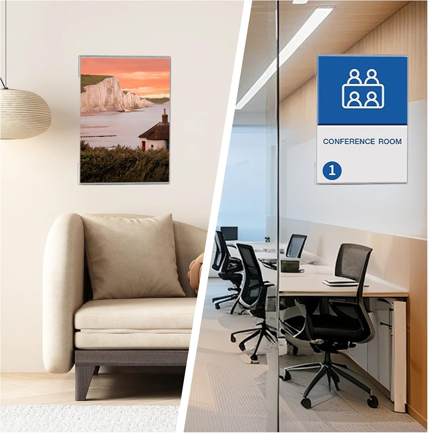 10 Pcs Acrylic Sign Holder 8.5 x 11, Vertical Wall Mount Sign Holders with Adhesive, Clear Plastic Frames Paper Display Sign Holders for Office, Home, Store, Restaurant - No Drilling