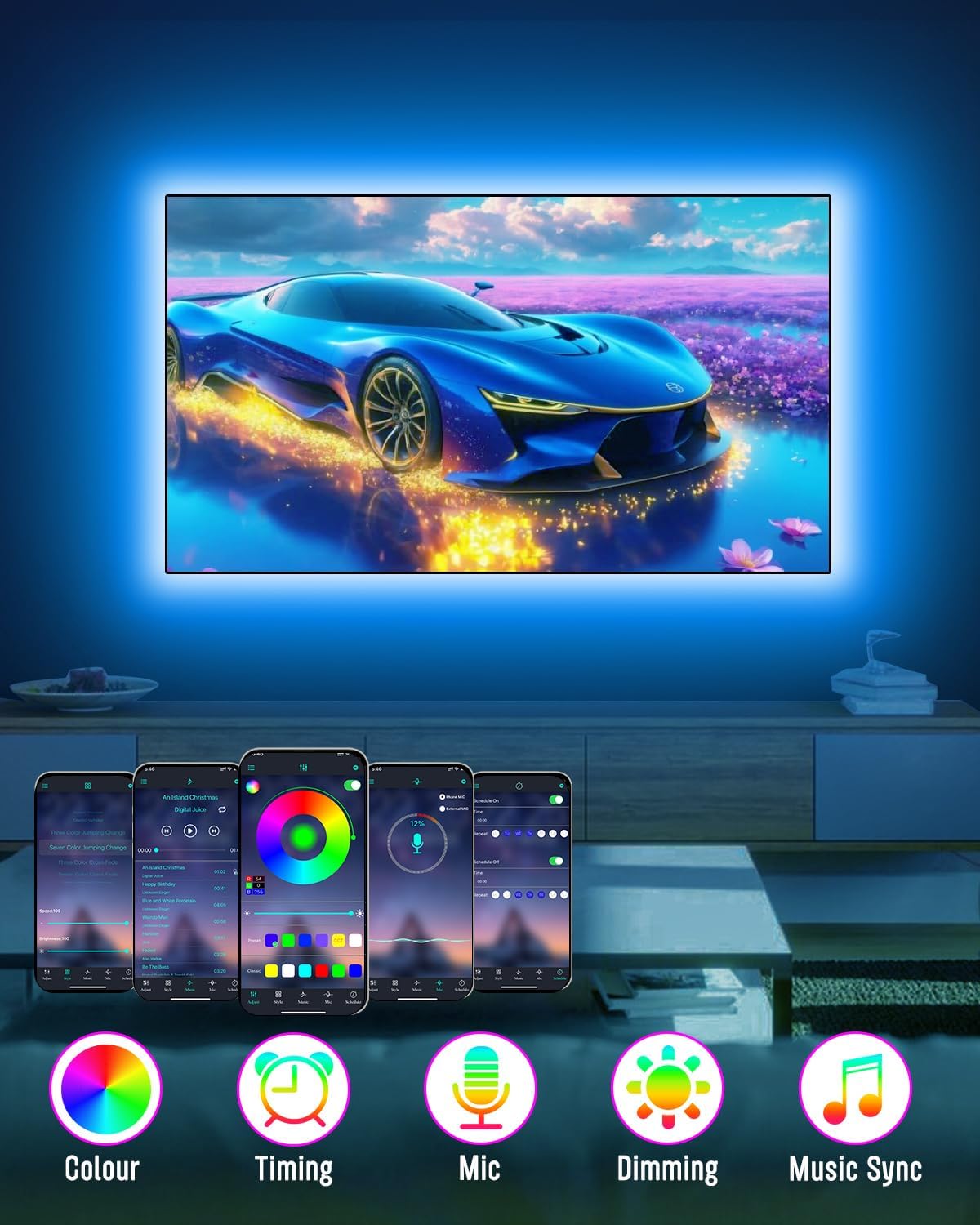 Daymeet LED Lights for TV Backlight, 13.1ft USB RGB Light Strip for 40-65 Inch Behind Lighting, Color Changing With Remote, Music Sync, Bluetooth APP Control for Bedroom, Computer, PC