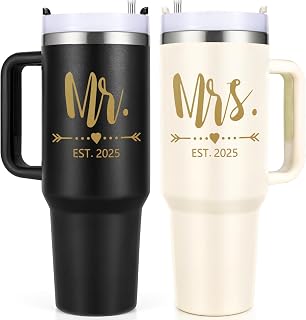 Qtencas Mr and Mrs Gifts, Mr and Mrs EST 2025 Stainless Steel Travel Tumblers Set, 40 oz 2025 Travel Mug for Couples Newlyweds, Engagement Wedding Gifts, Bridal Shower Anniversary Cups(Black & Beige)
