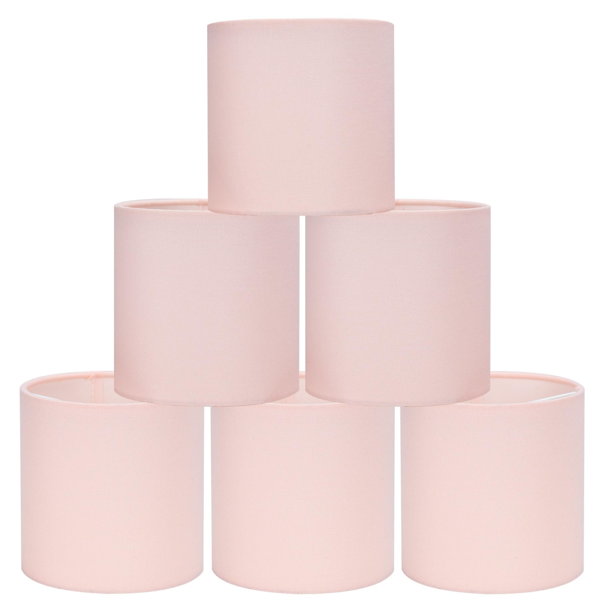 LAMPWELL TINA Pink Clip on Chandelier Lamp Shades Set of 6,Small Lamp Shades Clip on bulb,5"×5"×H5",Mini Linen Drum Lamp Shade,FOR CANDLE BULB AND SMALL GENERAL BULB