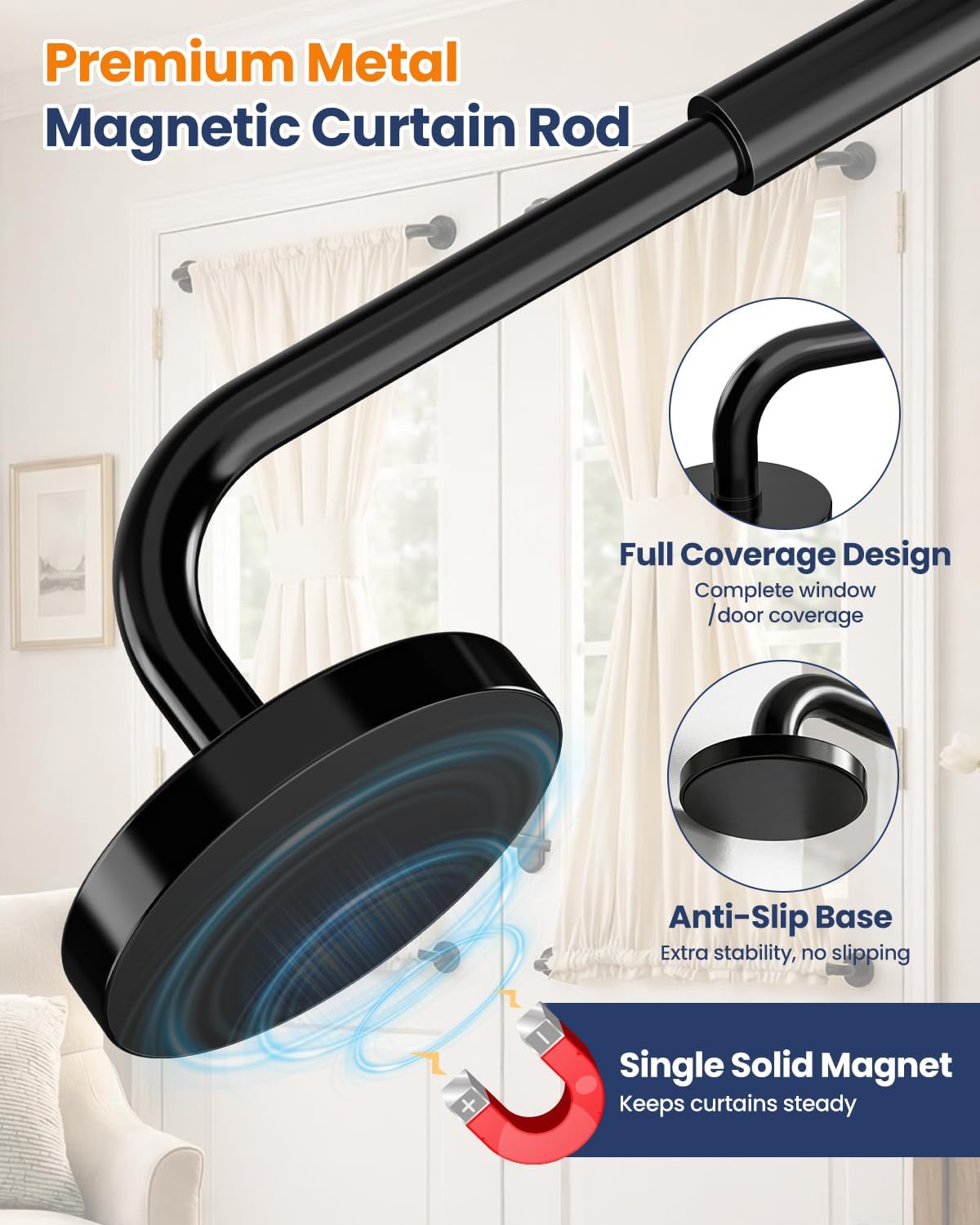 4 Pack Magnetic Curtain Rods for Metal Doors, French Door Curtain Rod Adjustable 17-30 Inch, 3/8 In. Diameter, Tool-Free Magnetic Rod for Steel Door, Cafe, Black