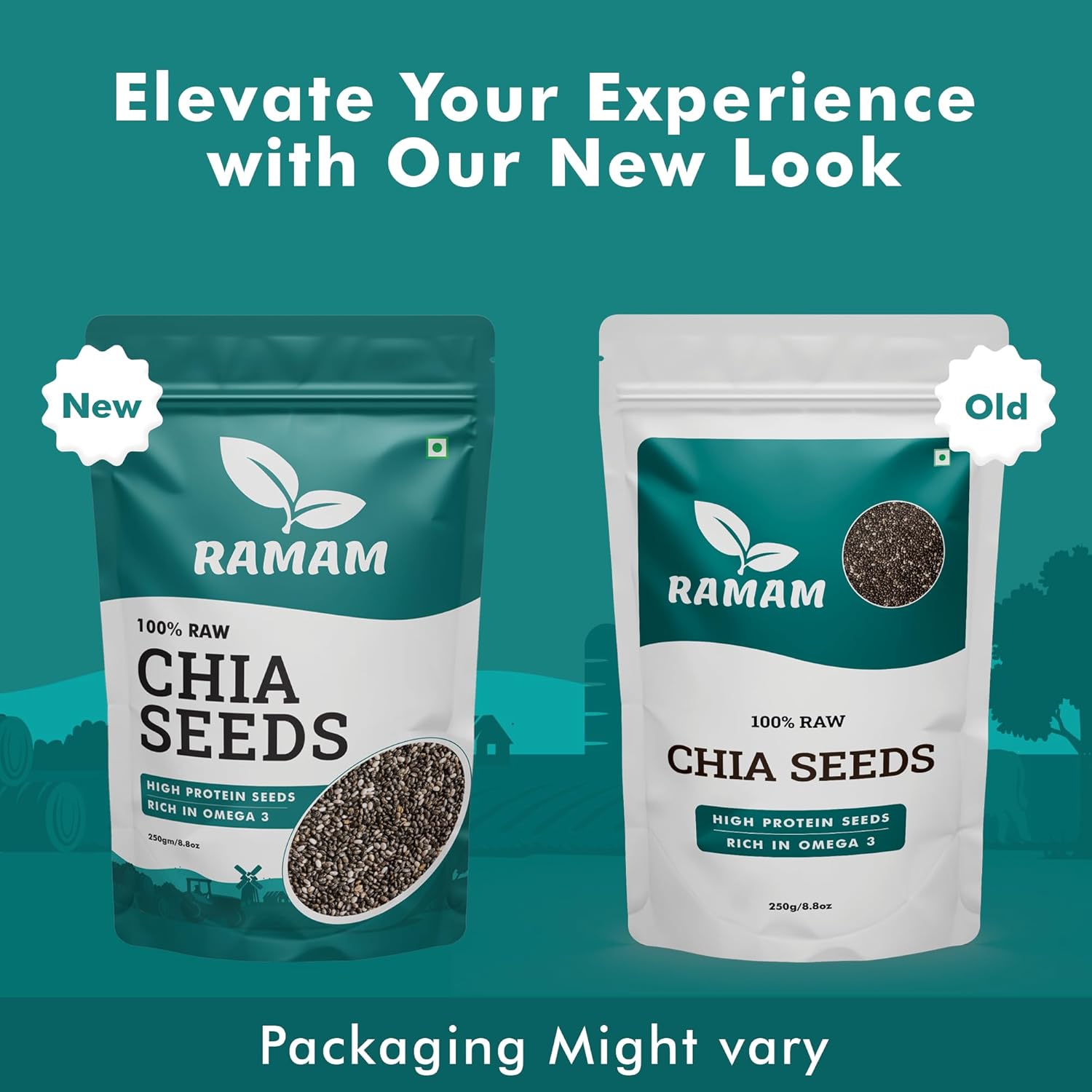Icon featuring the text "RAMAM  CHIA SEEDS HIGH PROTEIN SEEDS RICH IN OMEGA 3" with a clean design, emphasizing health and nutrition, set against a simple background.