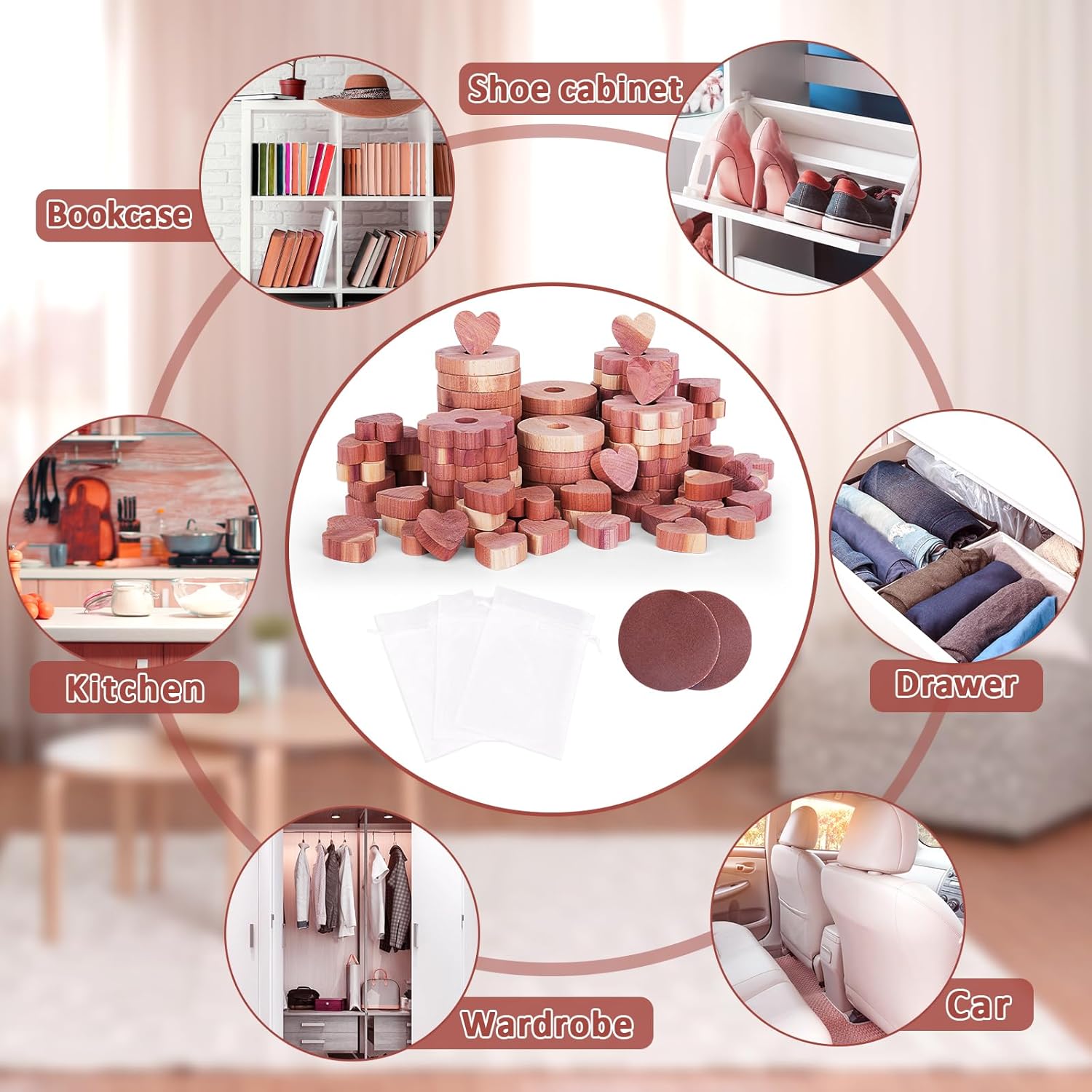 Woodever 90 Pack Cedar Blocks for Clothes Storage, 100% Natural Aromatic Cedar Rings for Wardrobes and Drawers, 20 Rings 20 Garlands and 50 Hearts, with Sandpaper and Sachets