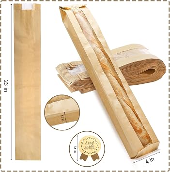 ZENFUN 100 Pack Baguette Kraft Bags with Clear Front Window and 100 Seal stickers, Fresh Breads Loaf Packing Bags, 23x4x1.6 Long Bread Kraft Paper Bakery Storage Bag